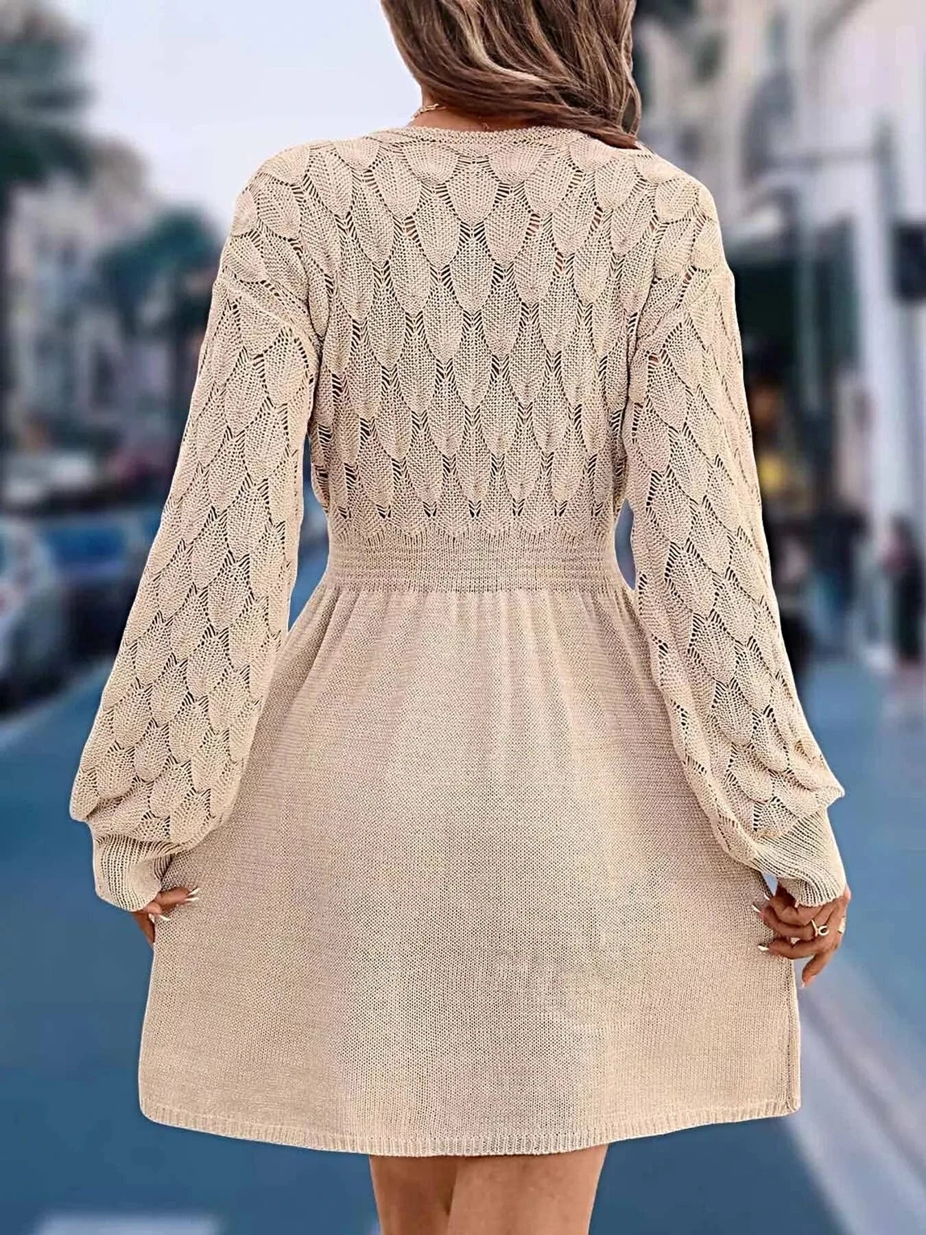 V-Neck Long Sleeve Sweater Dress -