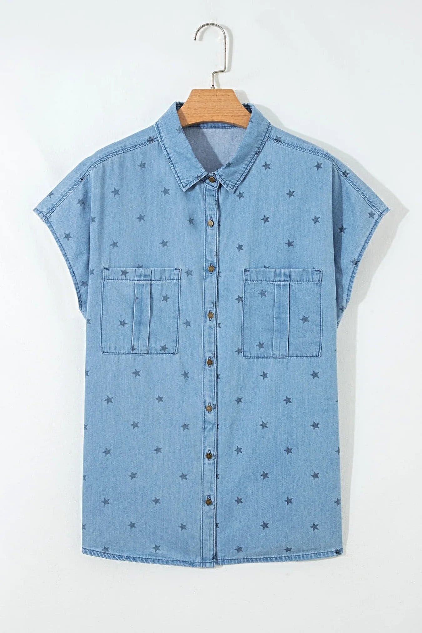 Double Chest Pocket Short Sleeve Denim Shirt -