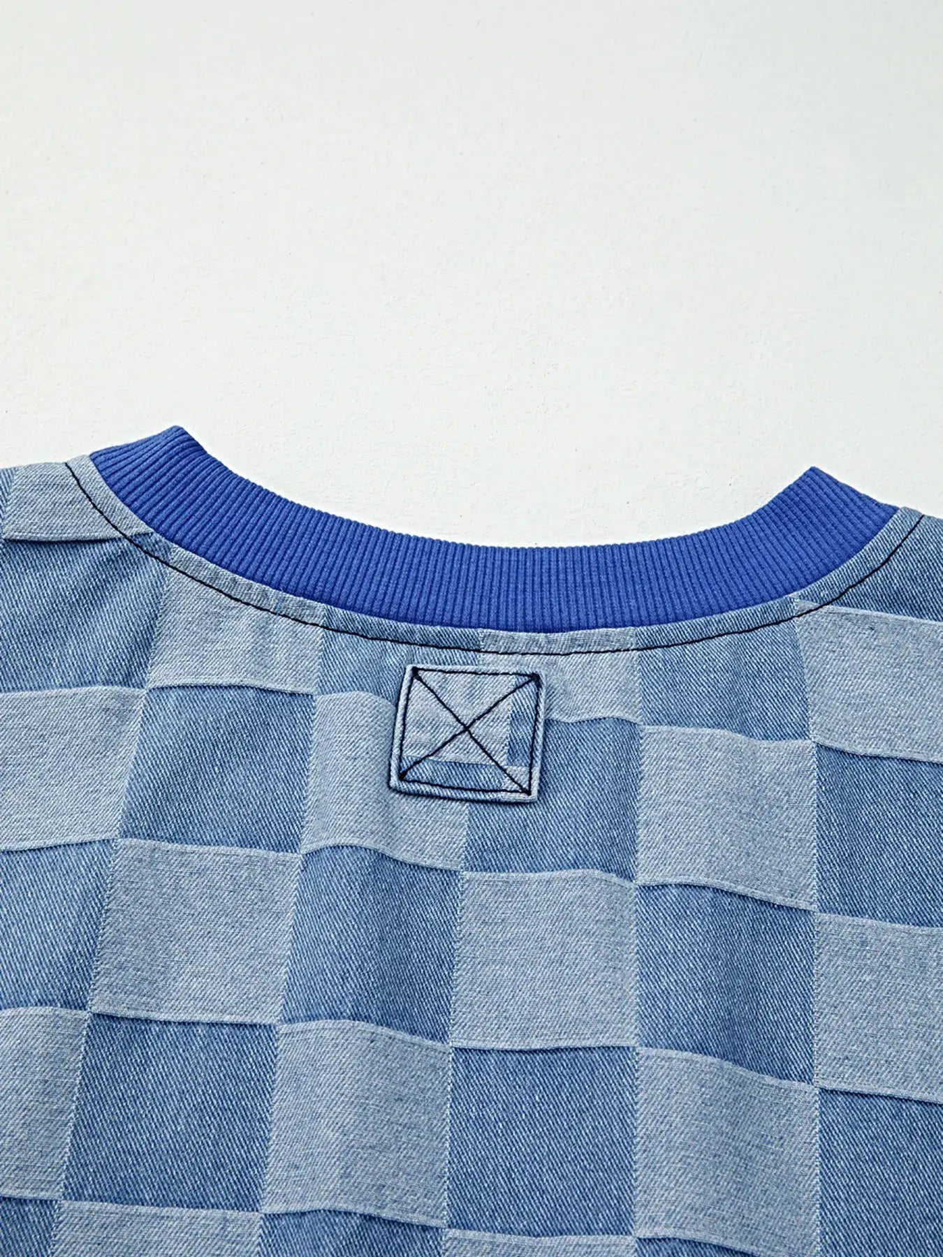 Checkerboard Splicing Raw Detail Oversized Denim Top -