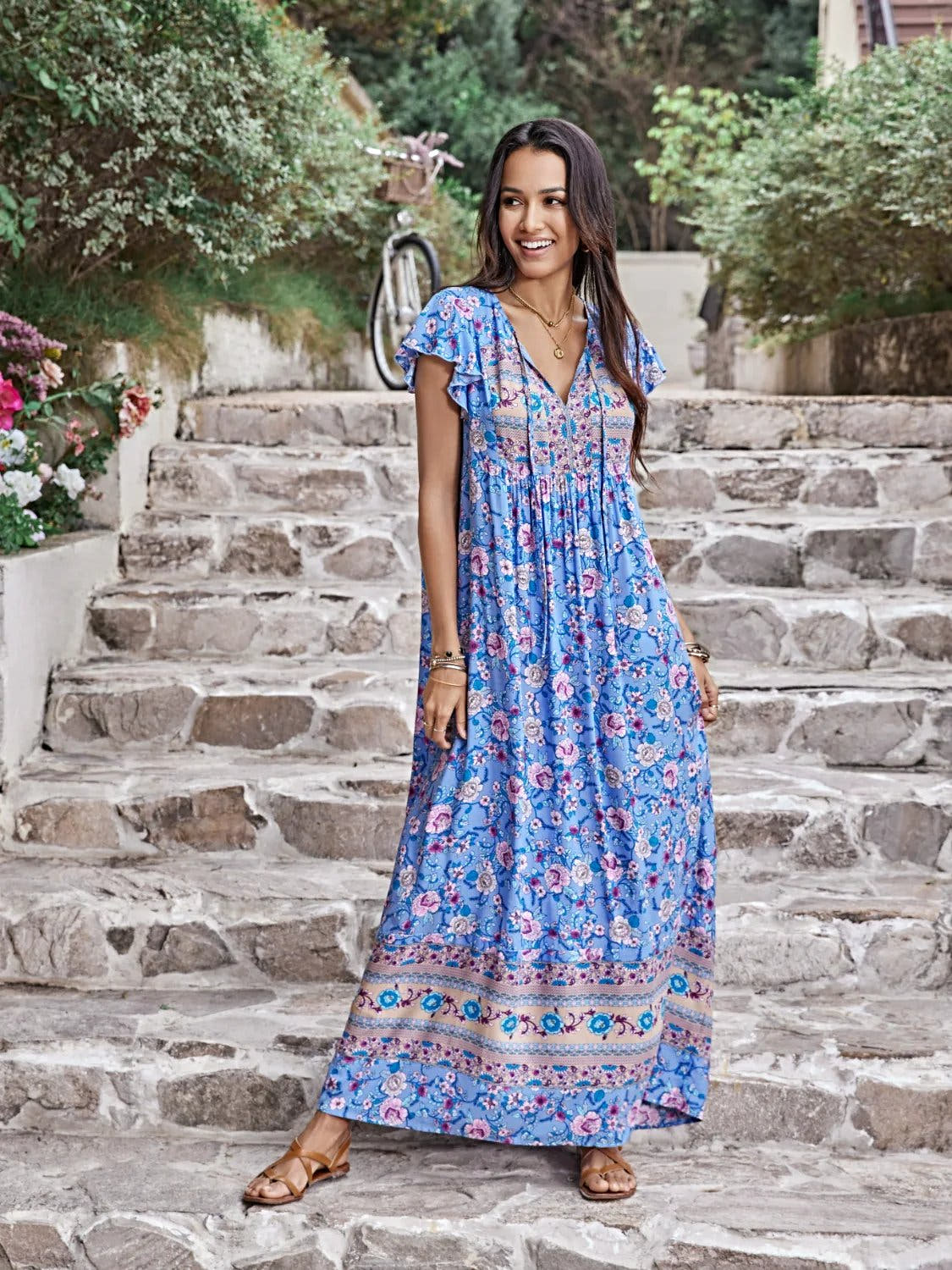 Ruffled Printed Tie Neck Cap Sleeve Dress -