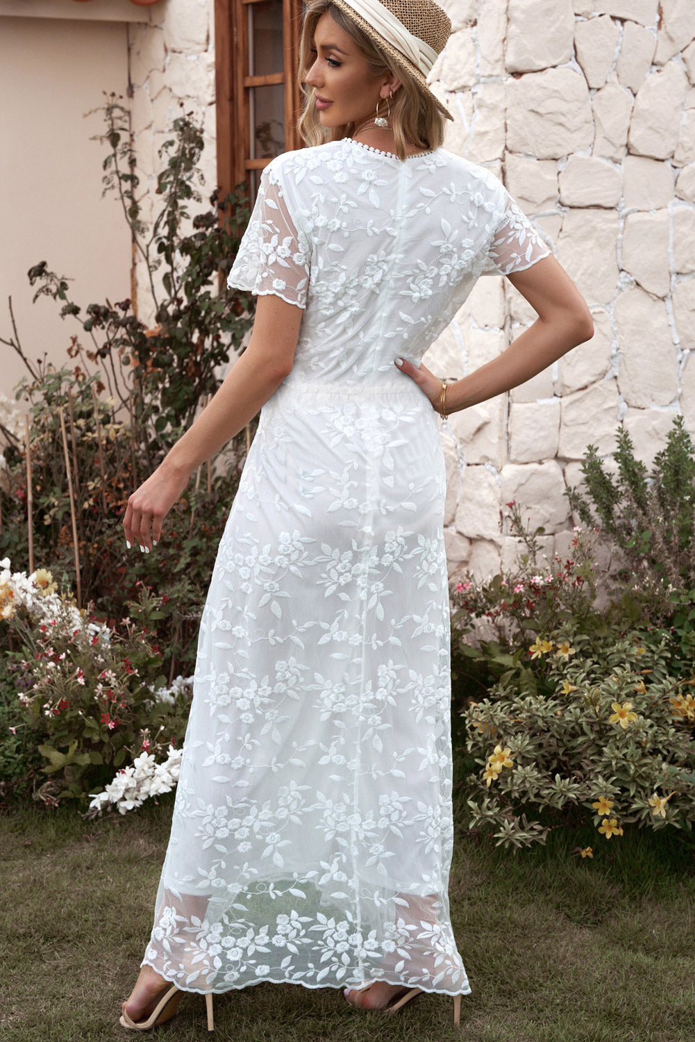 Embroidered Short Sleeve Surplice Neck Maxi Dress Trendsi