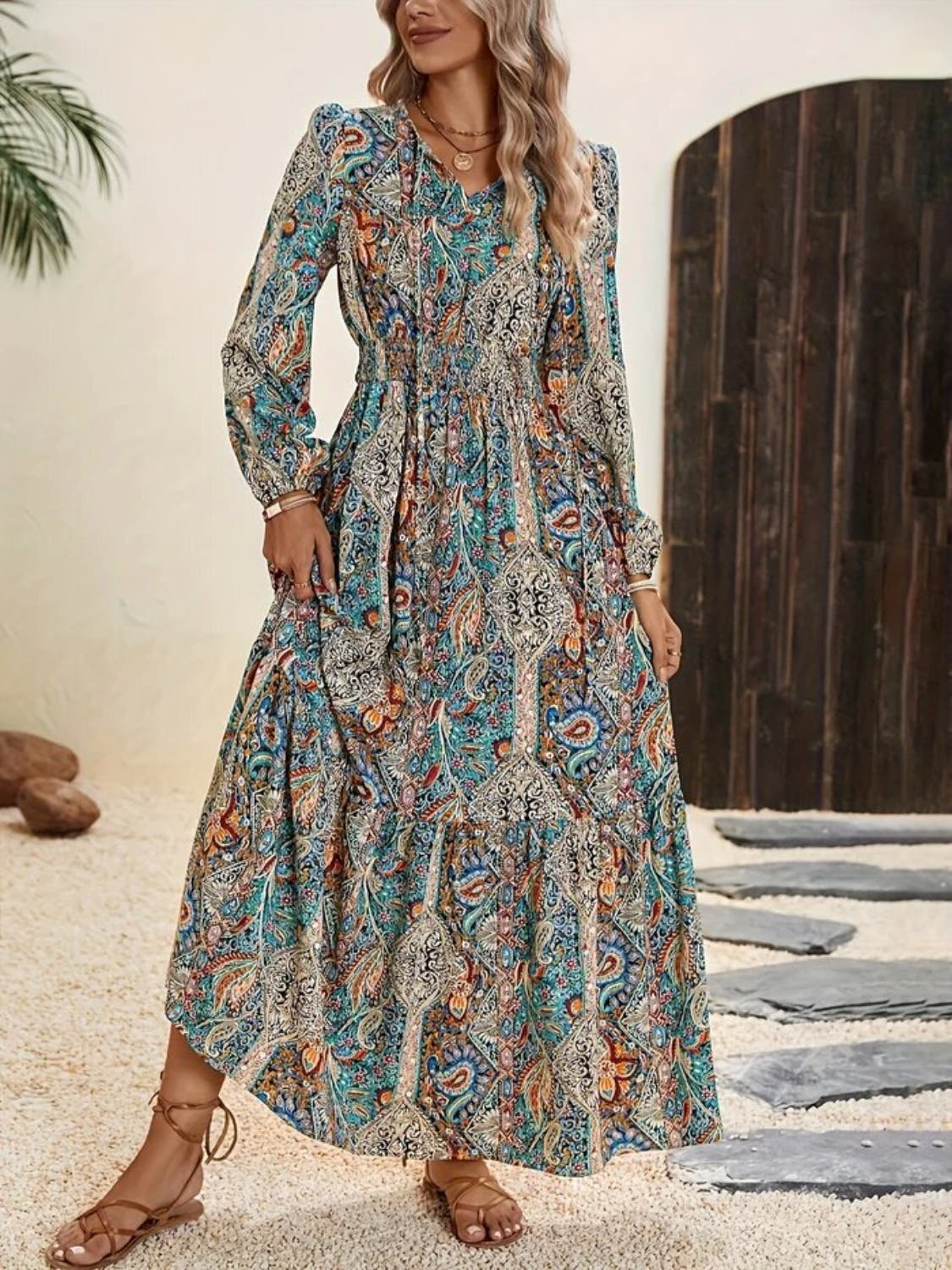 Trendy Printed Tie Neck Long Sleeve Maxi Dress - Fashionable Maxi Dress For Events Trendsi