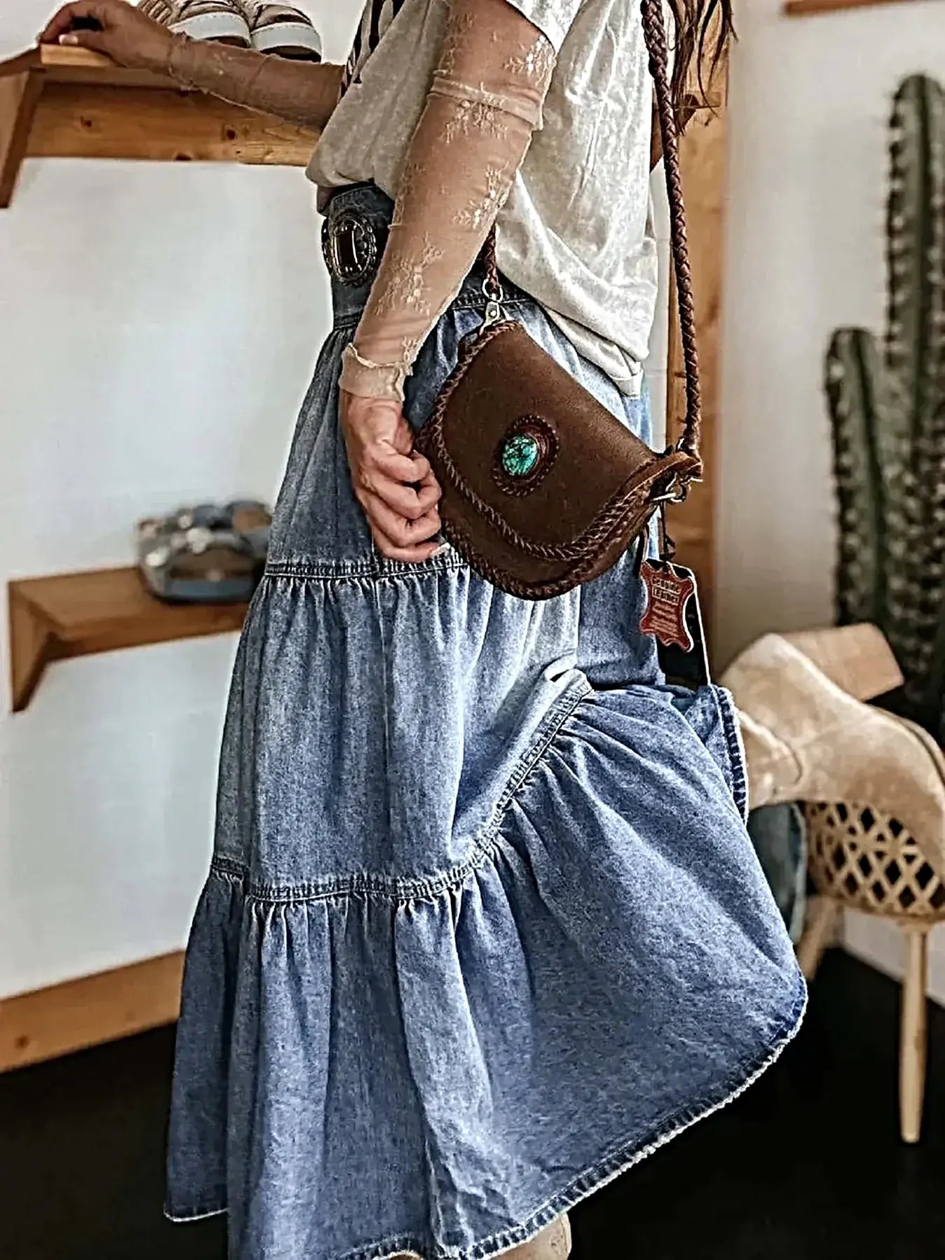 Tiered Button-Fly Denim Skirt -