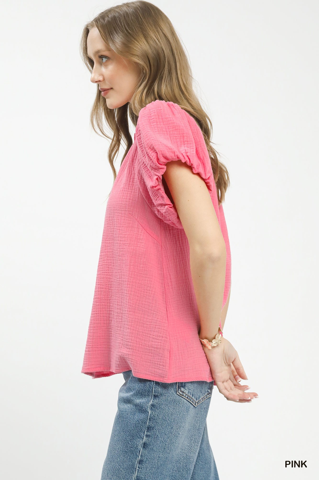 Umgee Textured Gauze Ruffle Neck Boho Top -