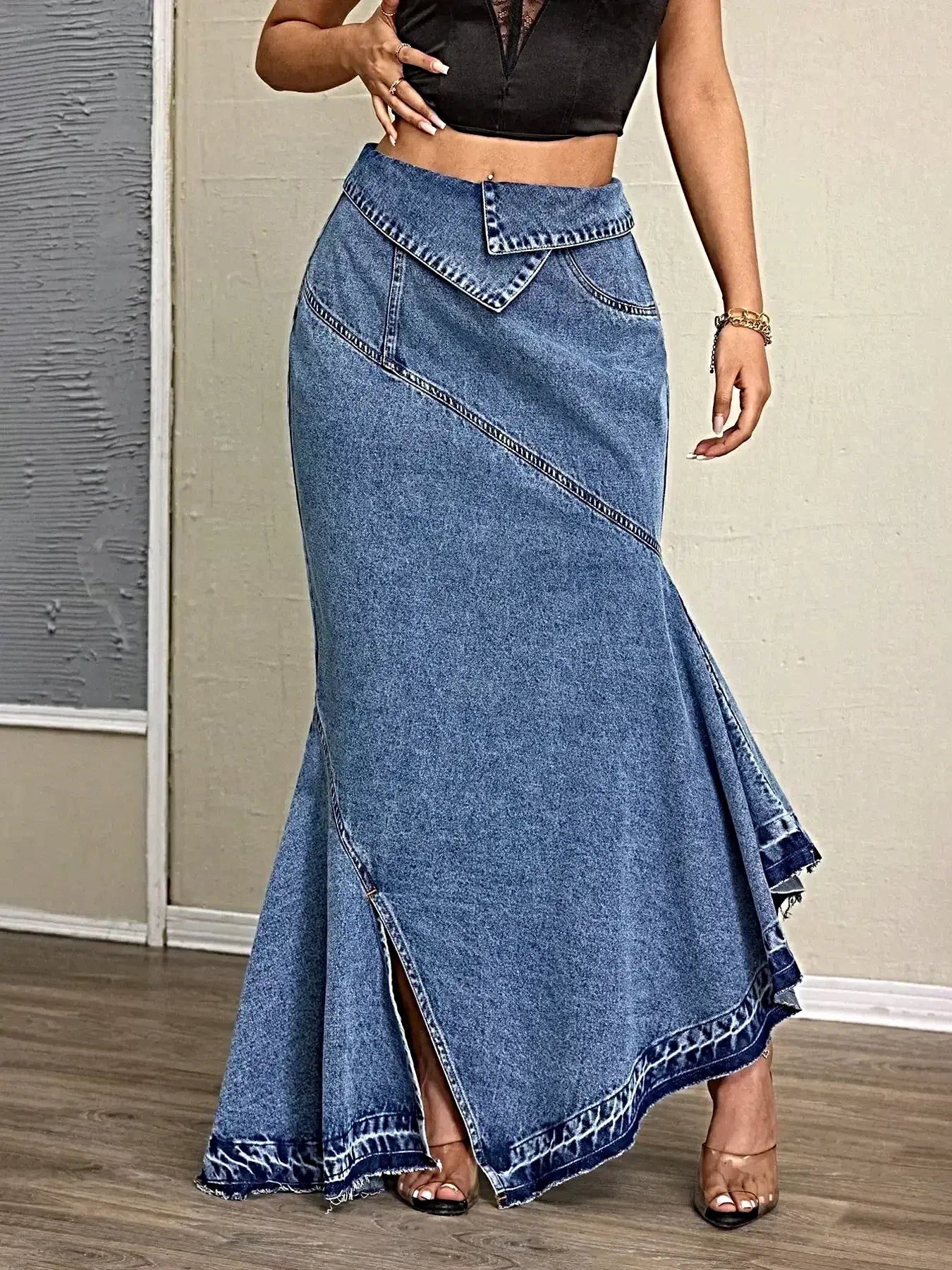 High-Waist Asymmetrical Slit Denim Maxi Mermaid Skirt -