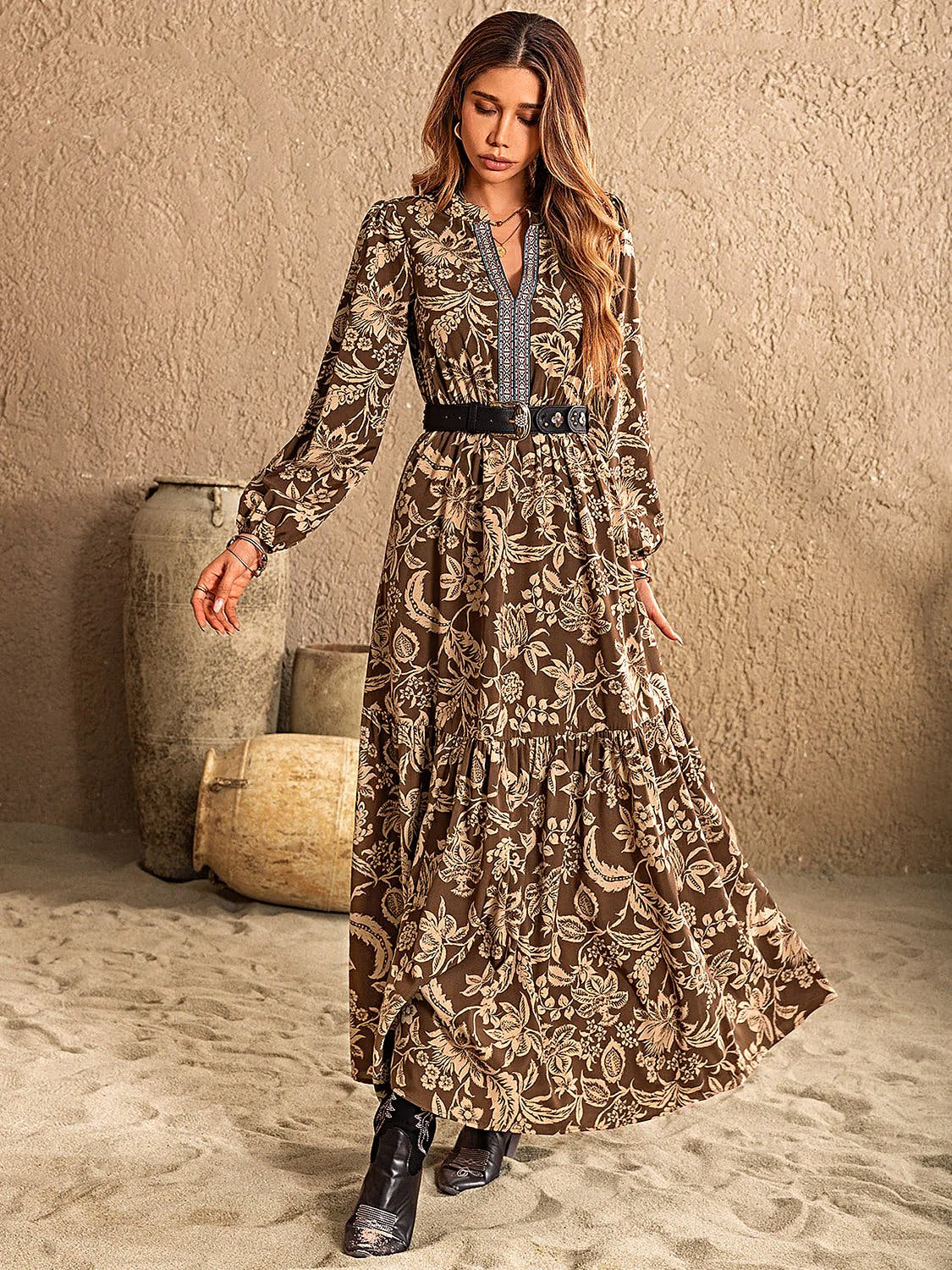 Elegant Ruched Maxi Dress with Notched Neckline and Long Sleeves - Chic Opaque Style by Trendsi Trendsi