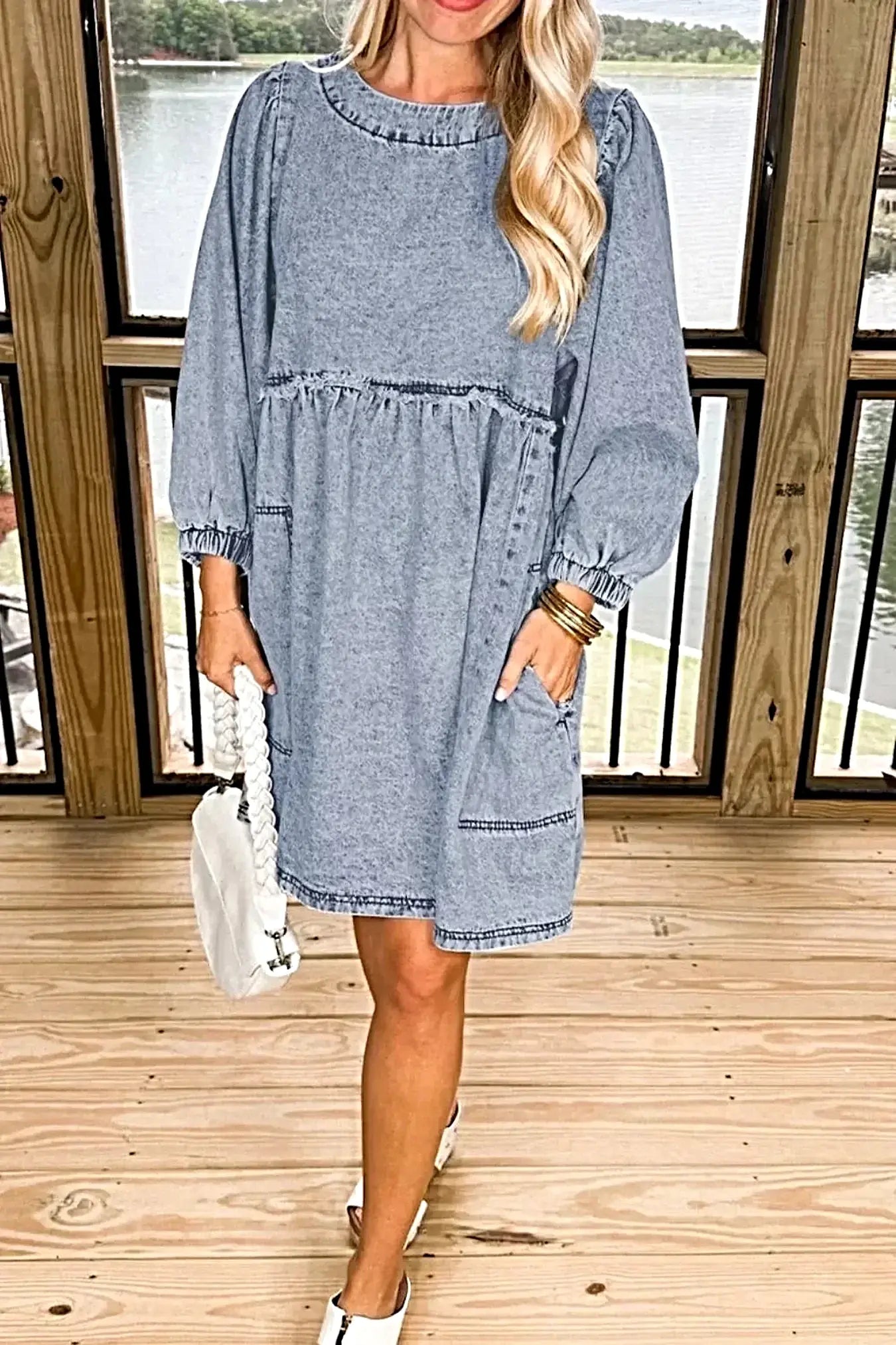 Vintage Wash Denim Dress with Pockets -