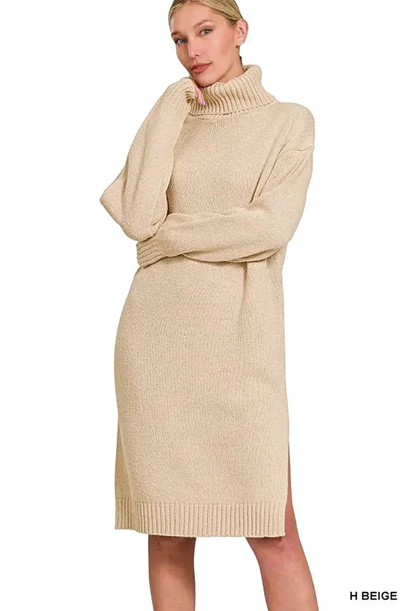 Zenana Turtle Neck Long Sleeve Midi Sweater Dress -