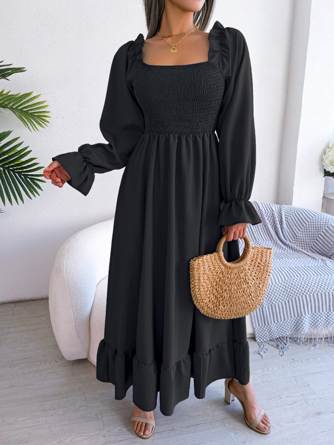 Smocked Square Neck Flounce Sleeve Dress -
