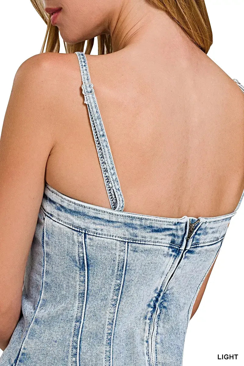 Zenana Spaghetti Strap Exposed Seam Light-Wash Dress -