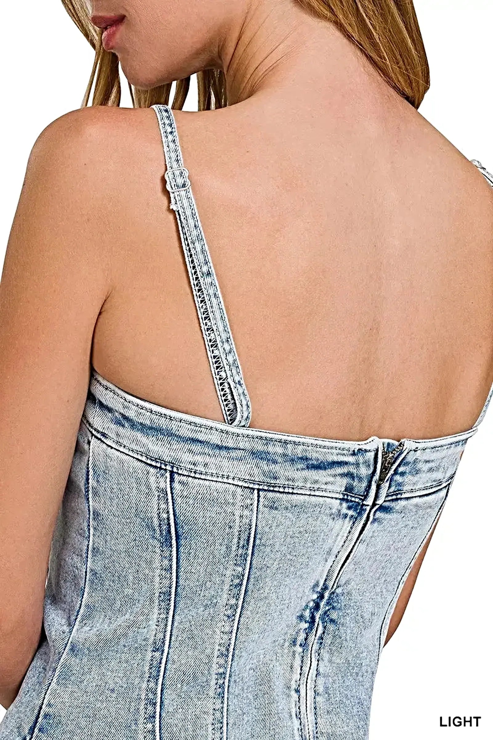 Trendsi Light-Wash Summer Dress with Spaghetti Straps and Exposed Seams, Trendy Raw Hem Design -