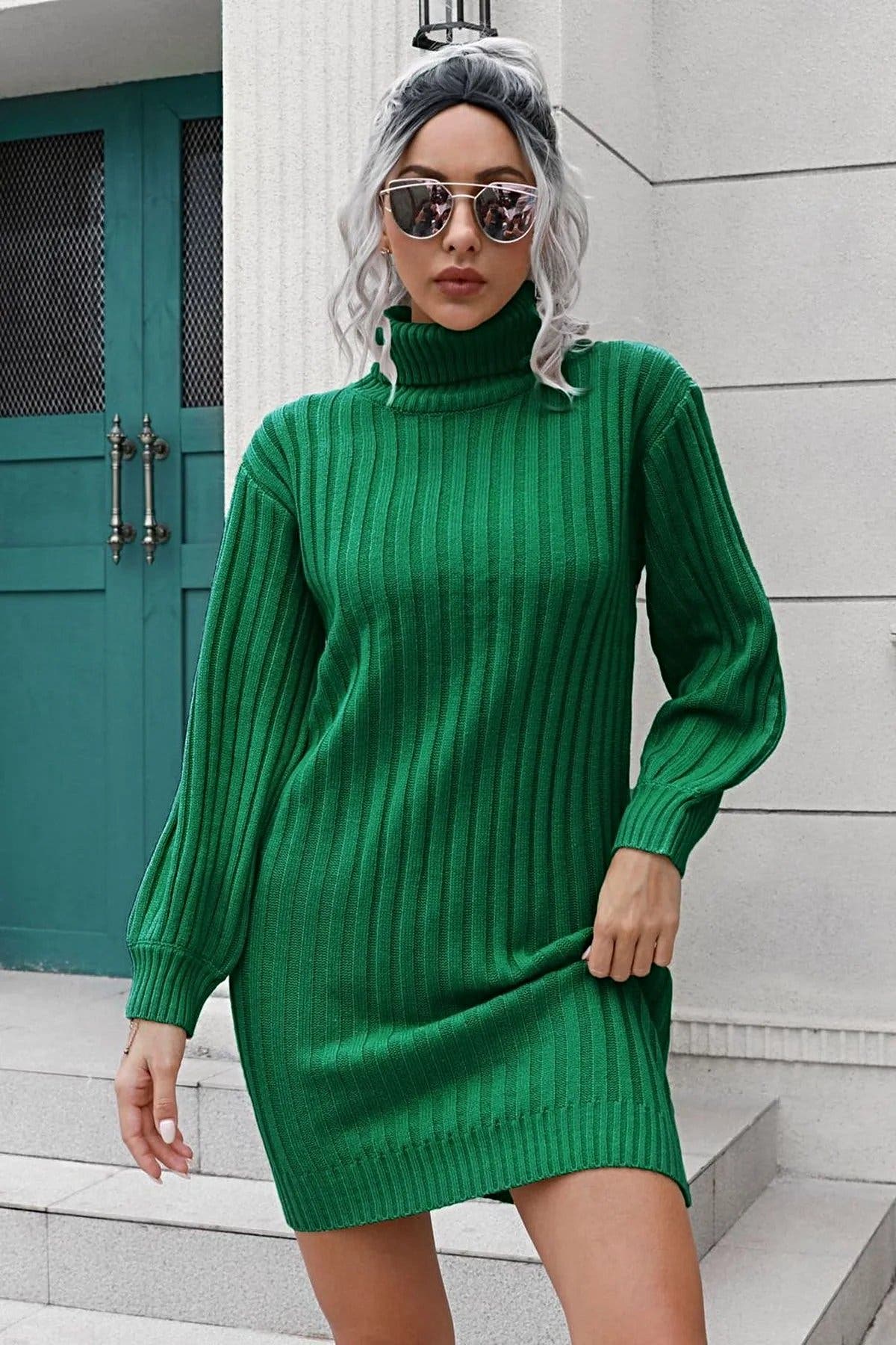 Ribbed Turtle Neck Long Sleeve Mini Sweater Dress -