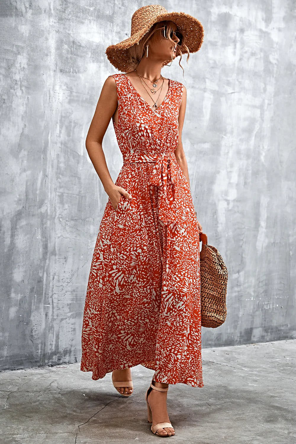 Printed V-Neck Tie Waist Maxi Dress -