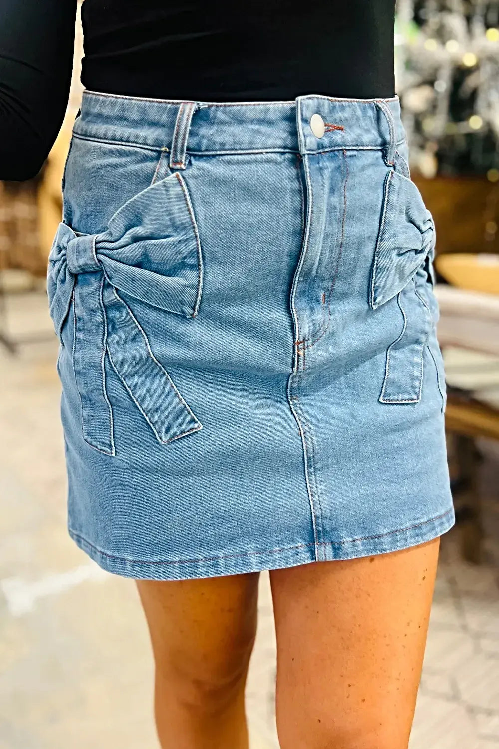 Acid Wash Bowknot Details High Waist Denim Skirt -