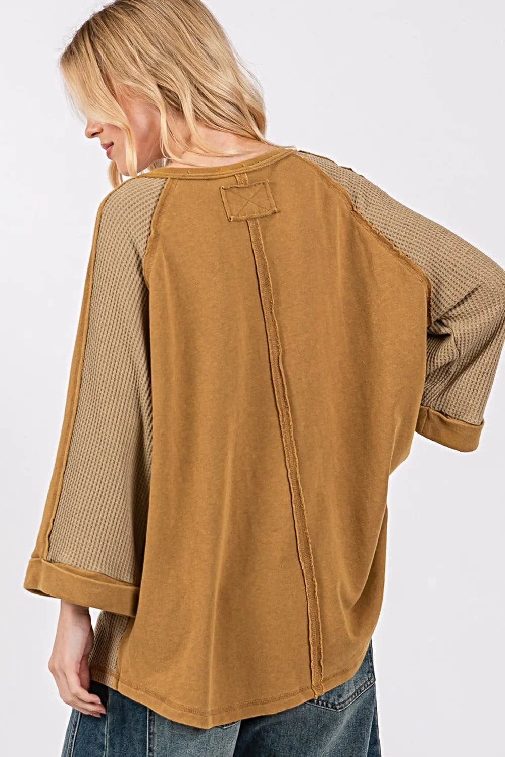 SAGE + FIG Waffle Knit Top With Star Applique Patch And Exposed Seams - Chic Casual Design Trendsi