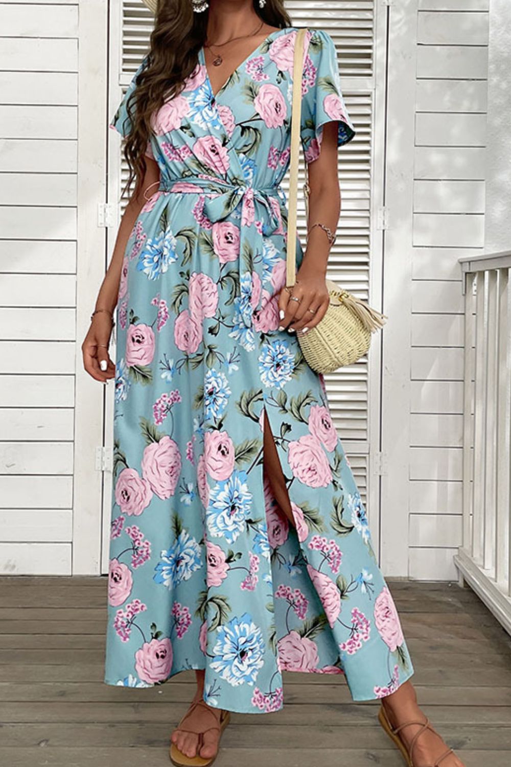 Perfee Floral Tie-Waist Slit Surplice Maxi Dress Trendsi