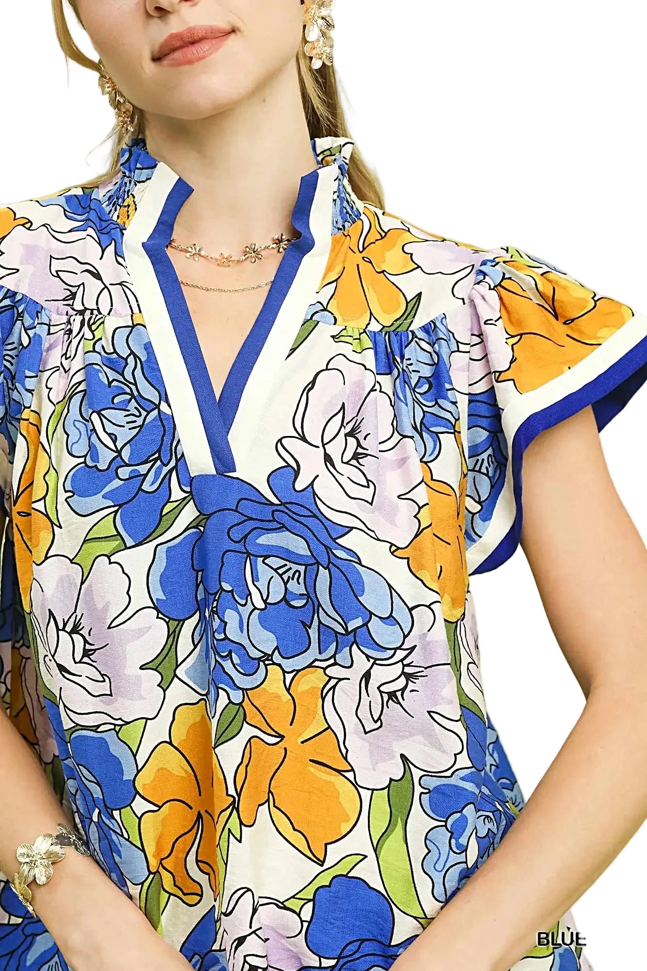 Umgee Floral Print Blouse with Contrast Trim -