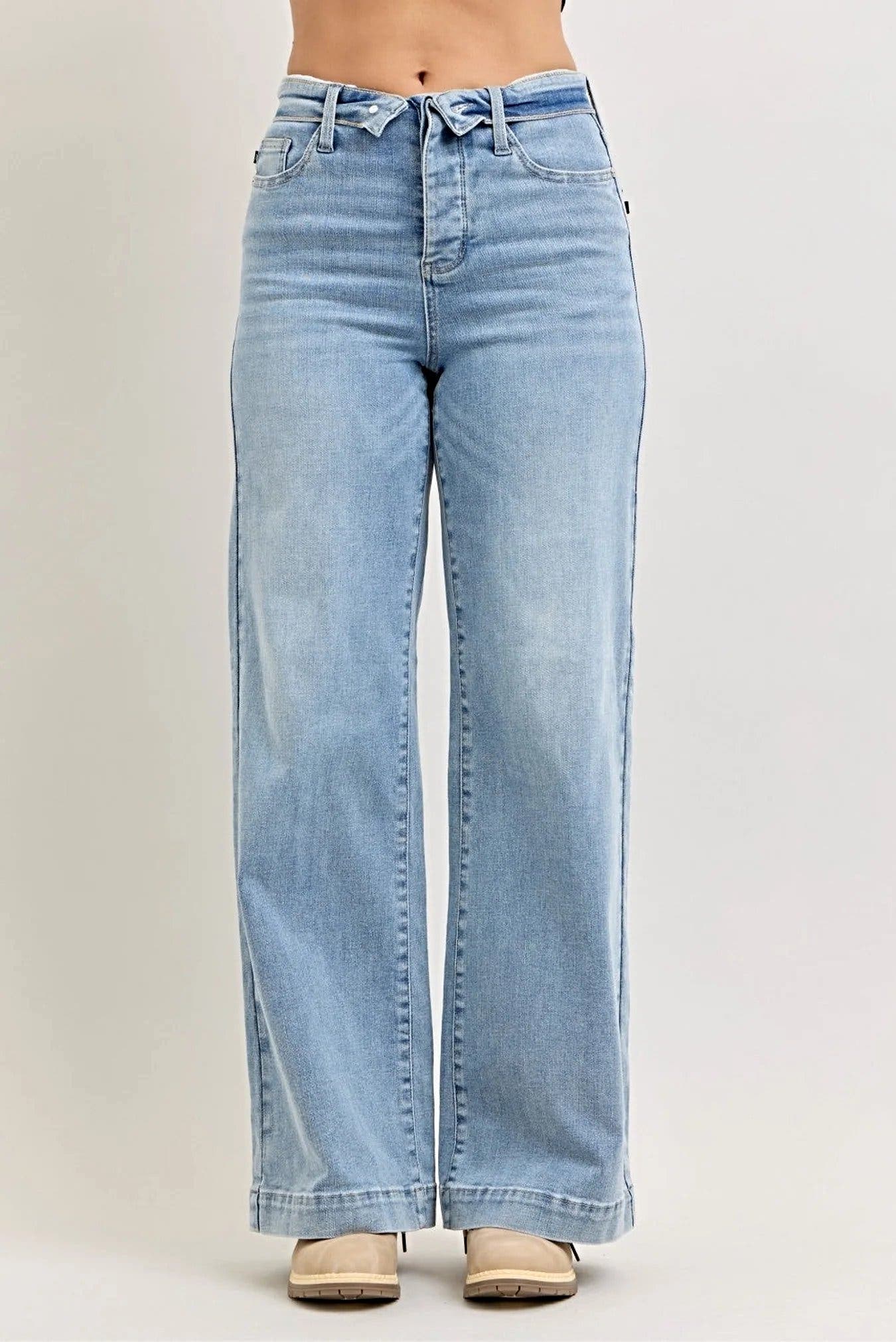 Judy Blue Mid Rise Retro Wide Leg Jeans with Fold-over Waistband -