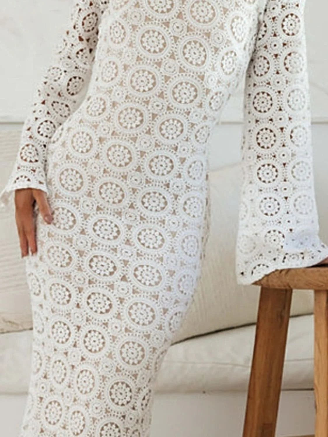 Lace Backless Round Neck Flare Sleeve Dress -