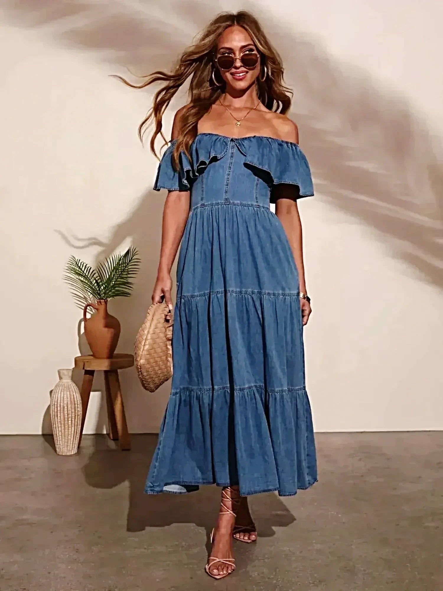 Off Shoulder Ruffle Tiered Denim Dress -
