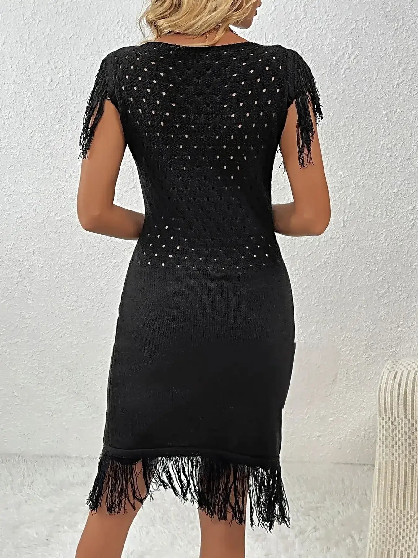 Fringe Crochet Boat Neck Sweater Dress -