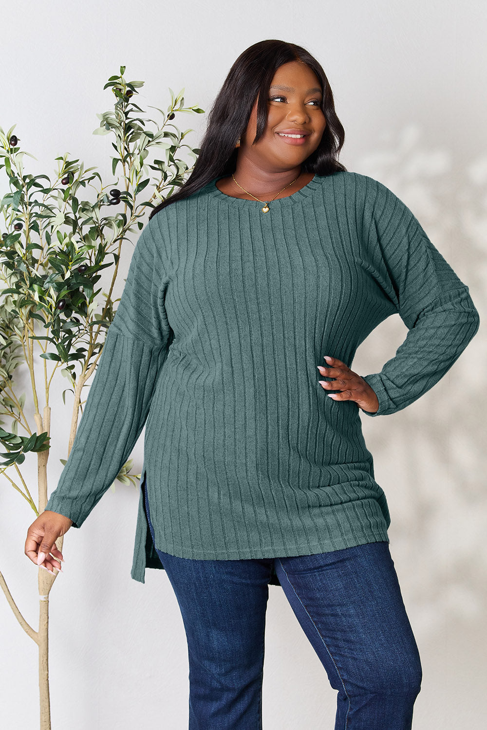 Chic Ribbed Long Sleeve Top with Slit - Basic Bae Full Size Round Neck Design for Effortless Style Trendsi