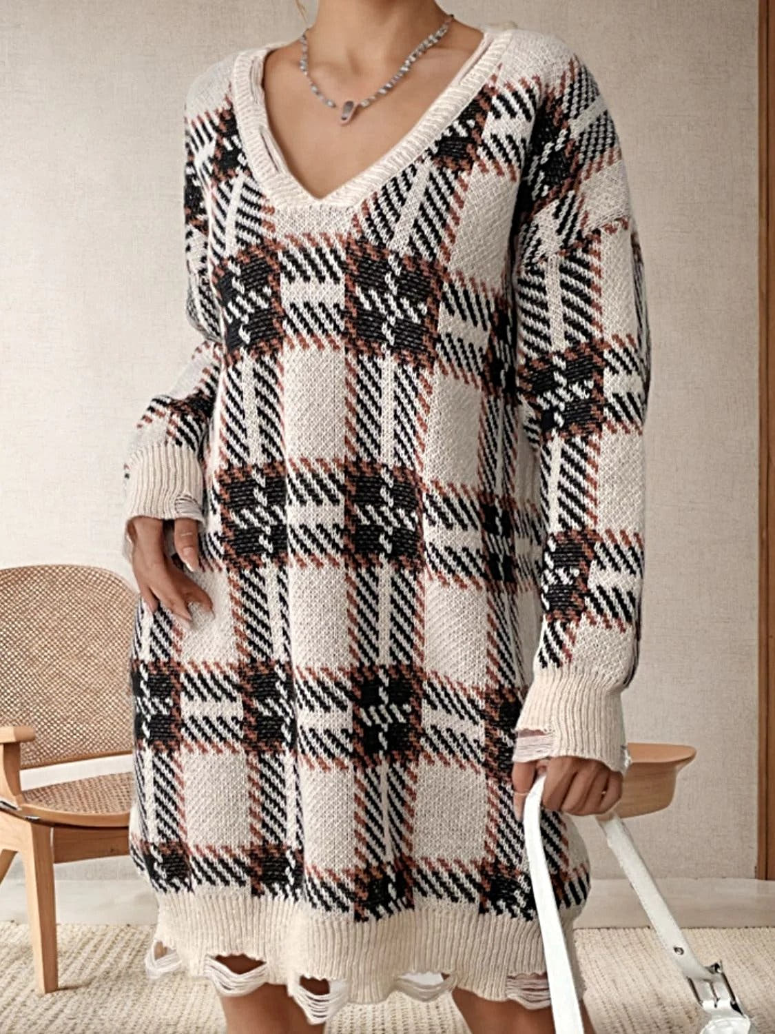 Distressed Plaid Sweater Dress with V-Neck and Long Sleeves - Trendy Comfort in One Size Trendsi