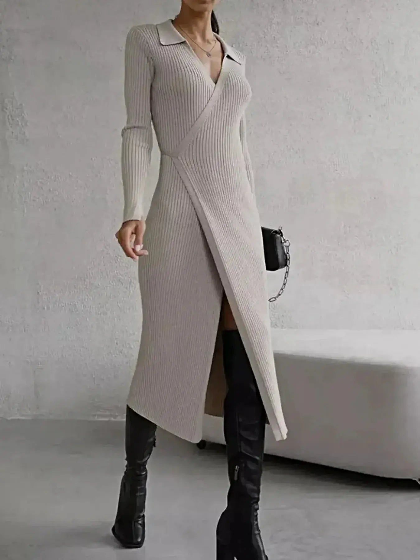 Tied Collared Neck Long Sleeve Sweater Dress -