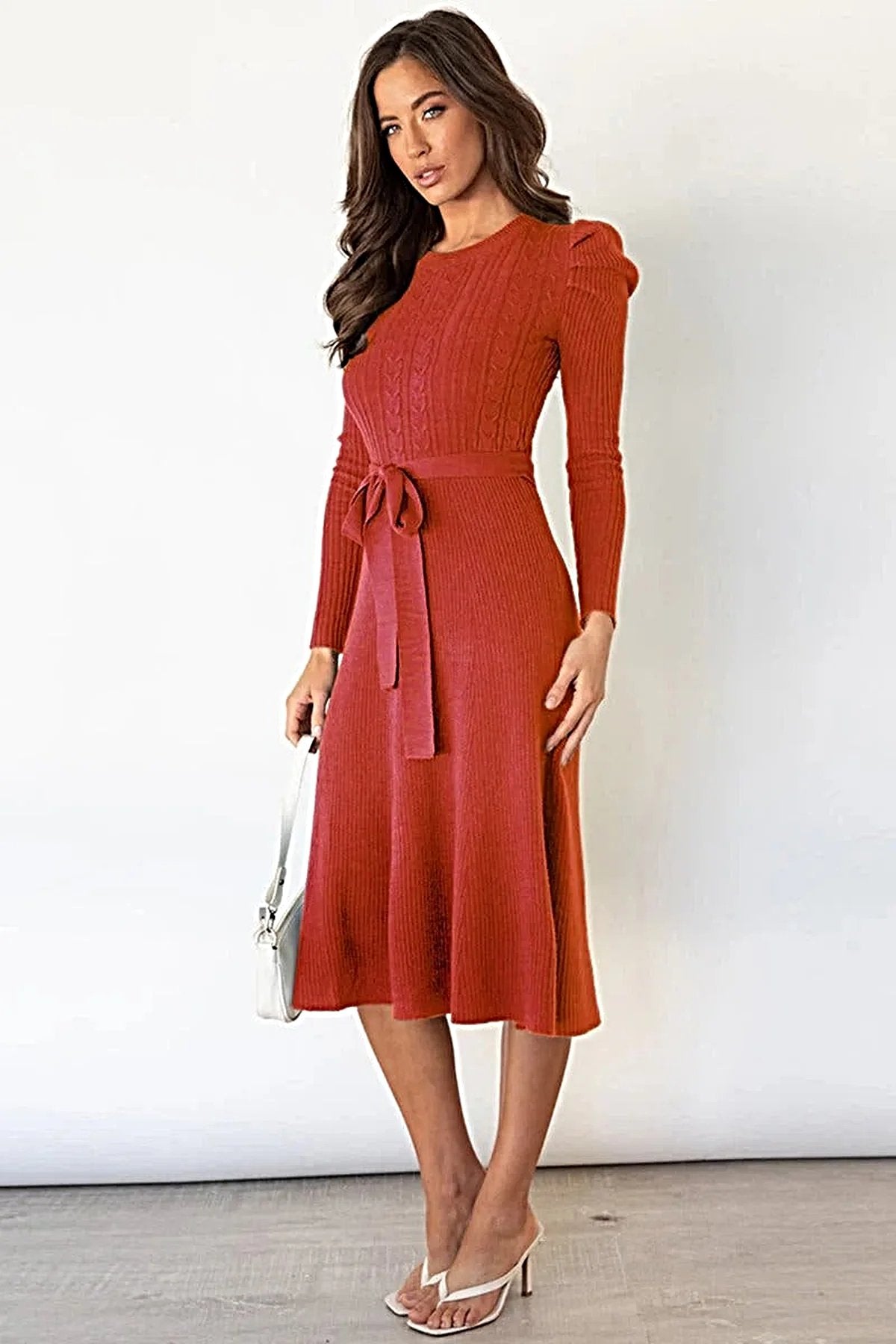 S-2XL • Tie Waist Sweater Dress • Round Neck, Long Sleeves • Stretchy Opaque Fabric -