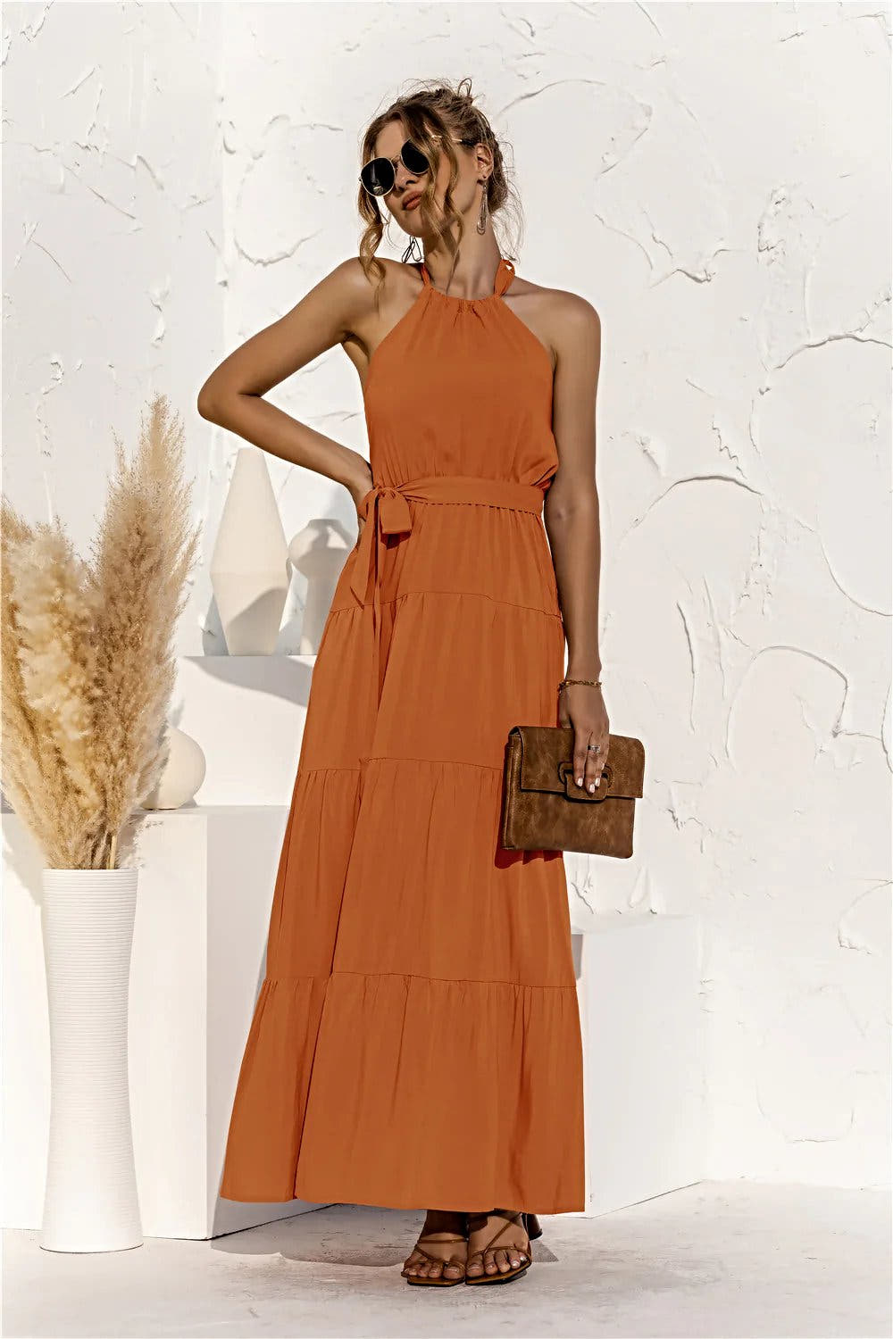 Halter Neck Tie Waist Tiered Maxi Dress -