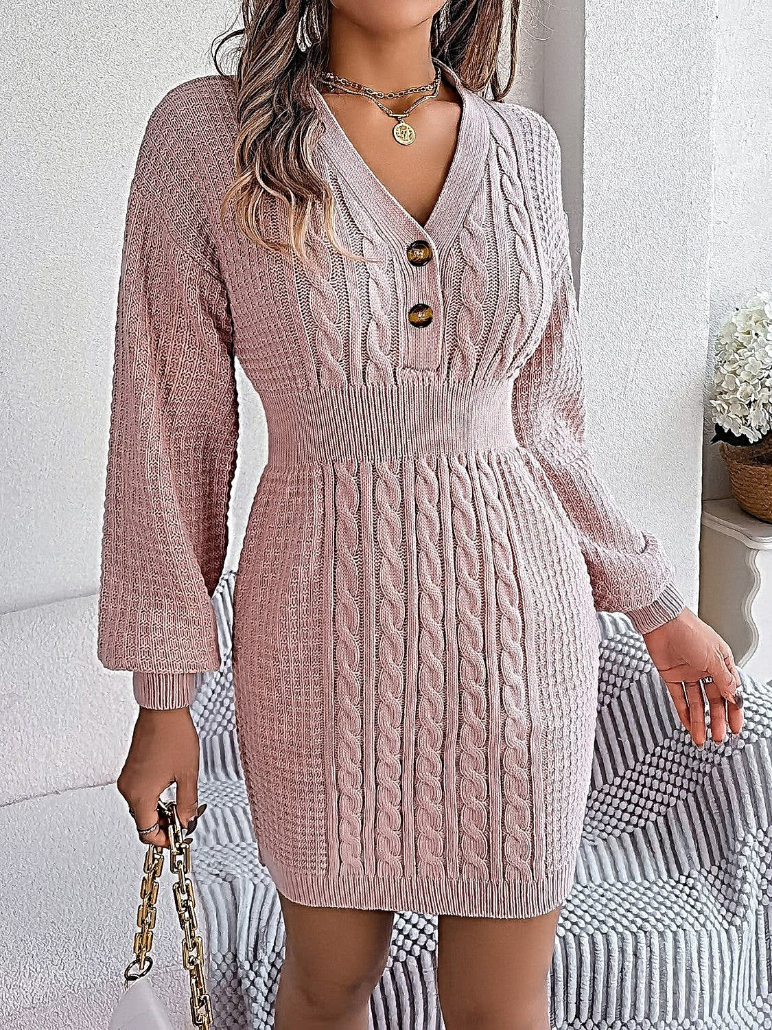 Elegant Buttoned Cable-Knit Dress with V-Neck, Moderate Stretch - 100% Acrylic -