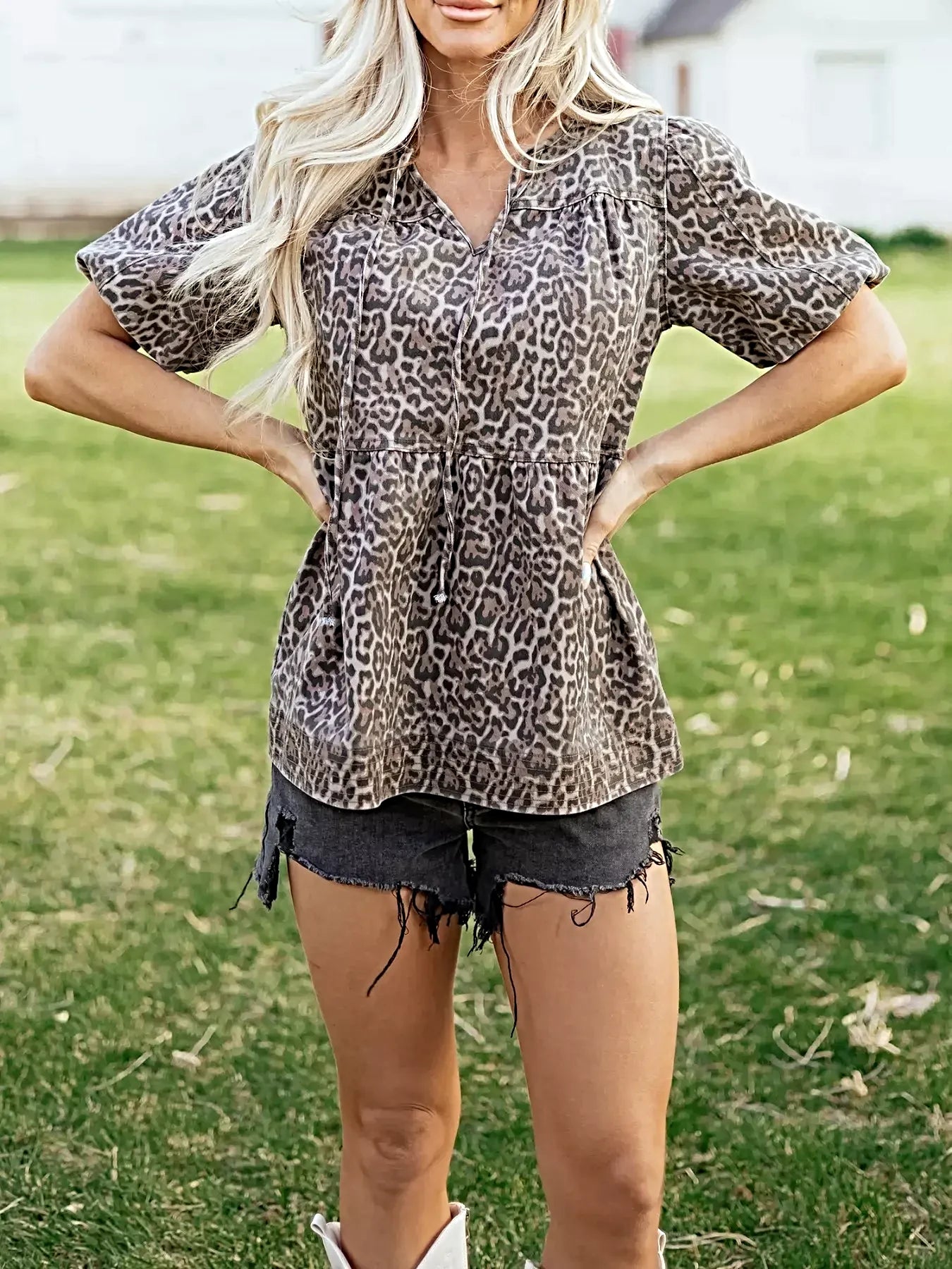 Leopard Print Ruffle Hem Denim Top -