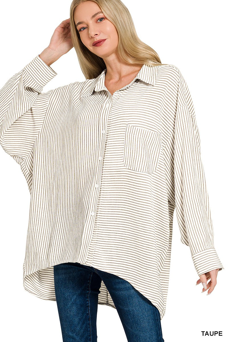 Zenana Woven Stripe Button Down Shirt -