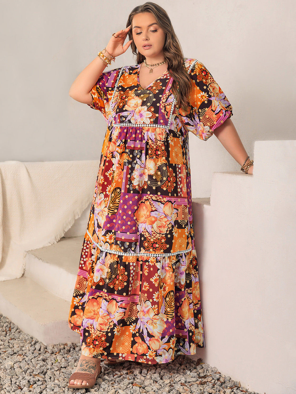 Plus Size Printed V-Neck Half Sleeve Maxi Dress Trendsi