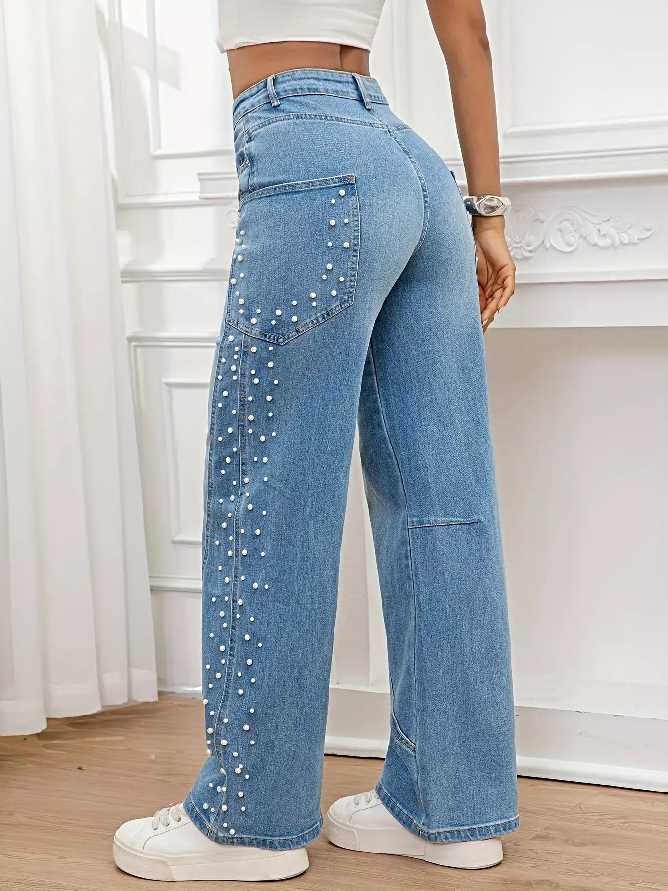 Pearl Embellished Wide Leg Jeans -