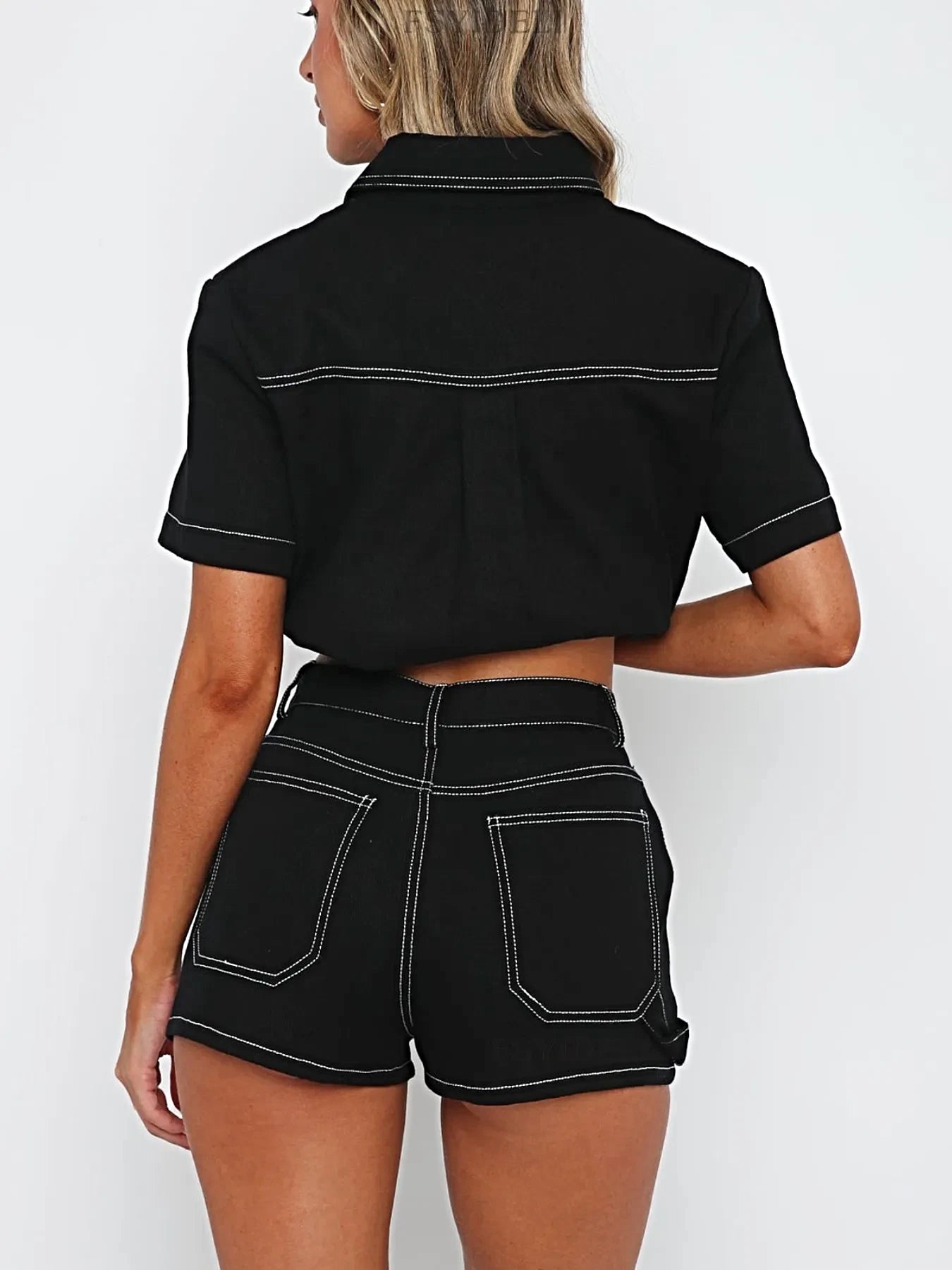 Button Up Short Sleeve Top and Shorts Denim Set -