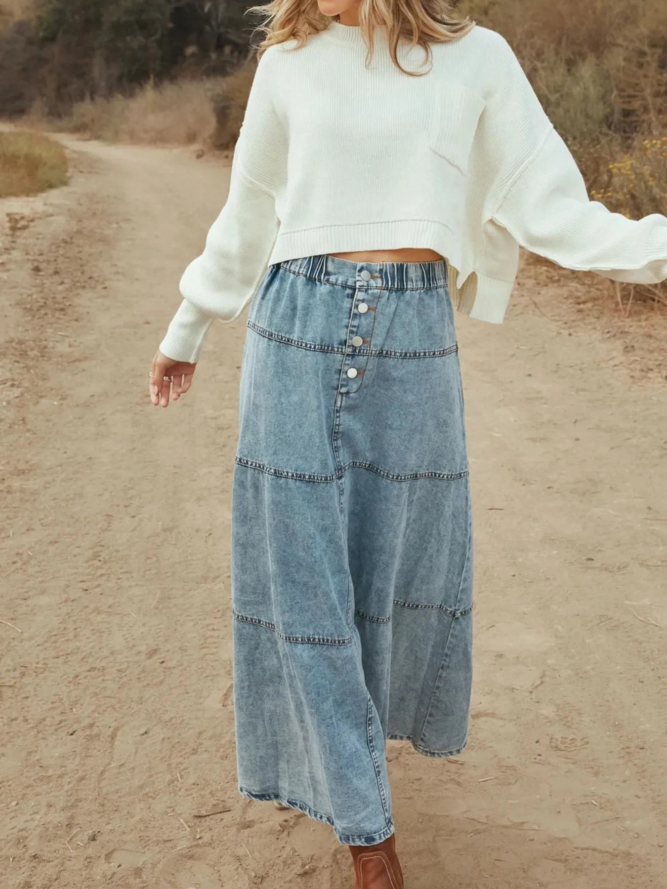Button-Front Tiered Maxi Denim Skirt -