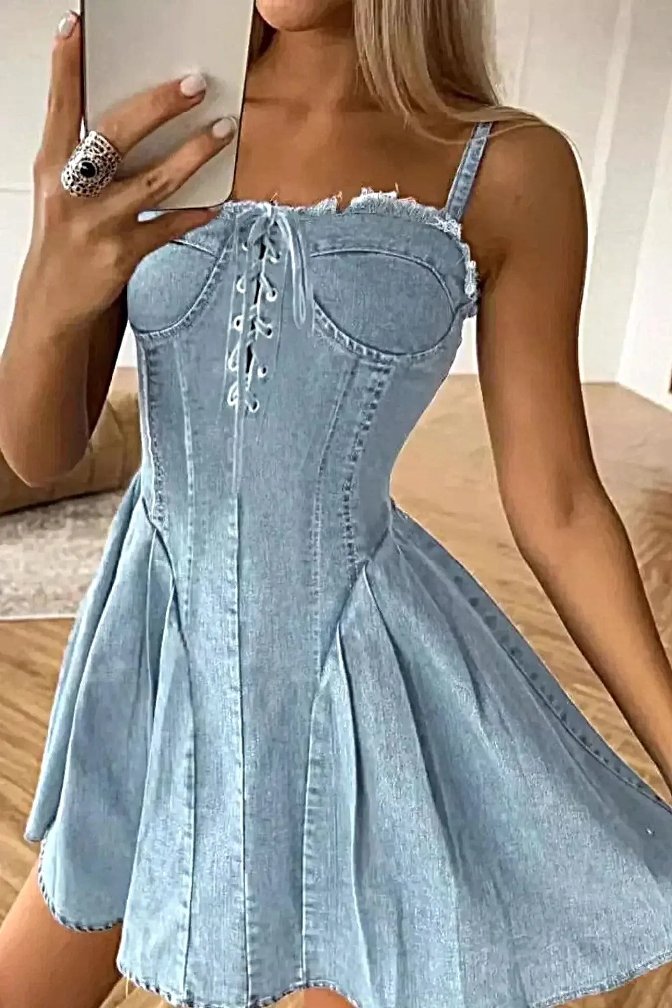 Lace Up Denim Cami Dress -