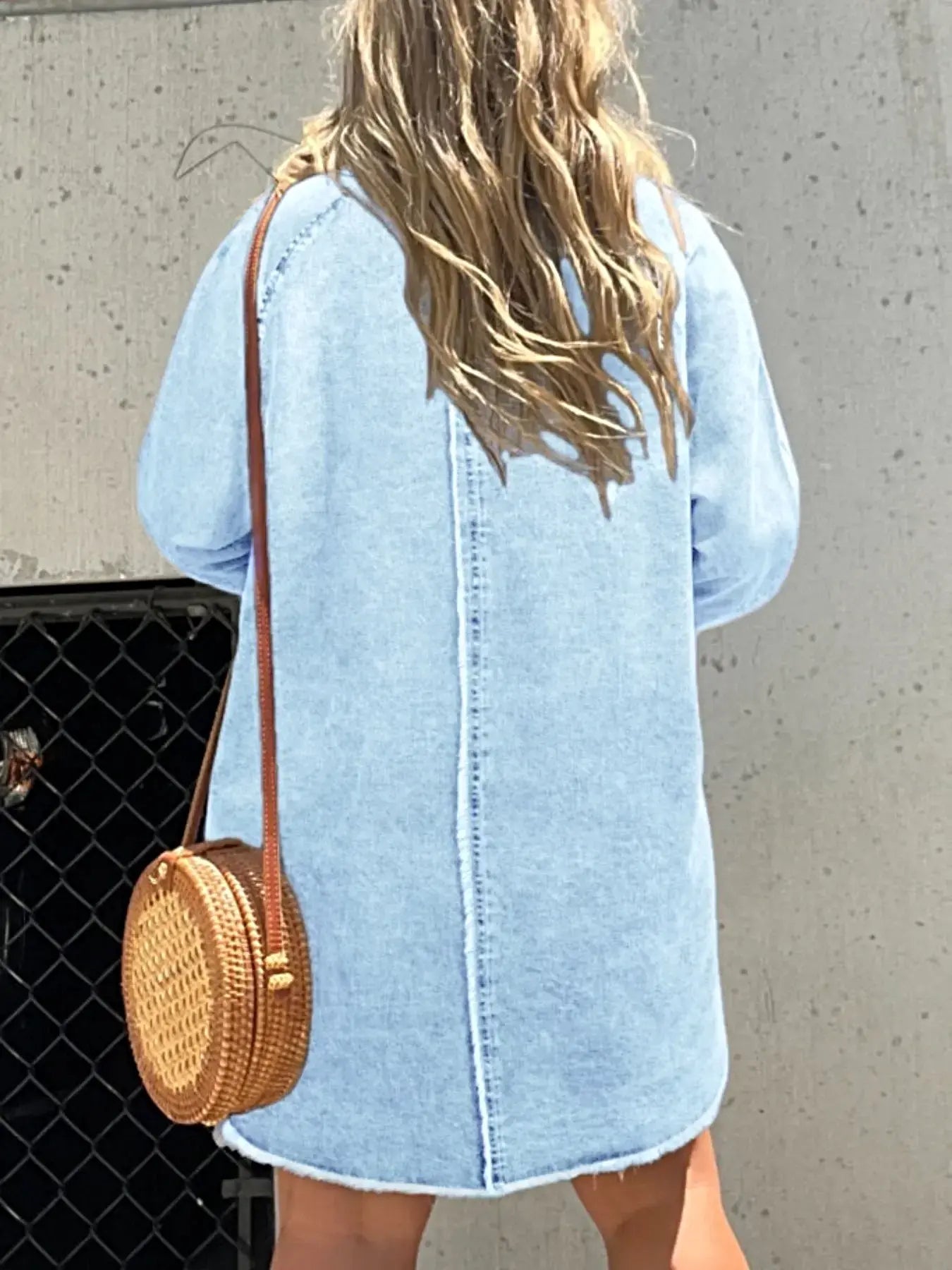 Full Size Button-Front Long Sleeve Denim Shirt Dress Plus Size -