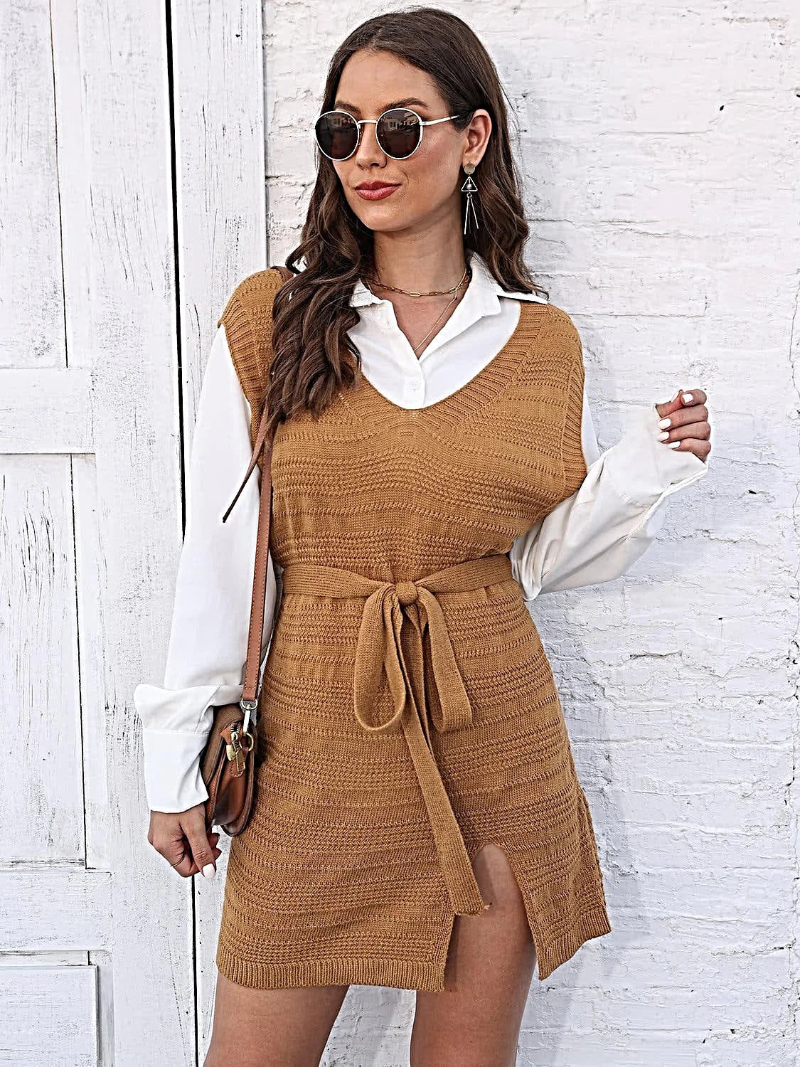 Luxury Tie Front Sweater Dress With V-Neck, Sleeveless Design, And Elegant Slit -