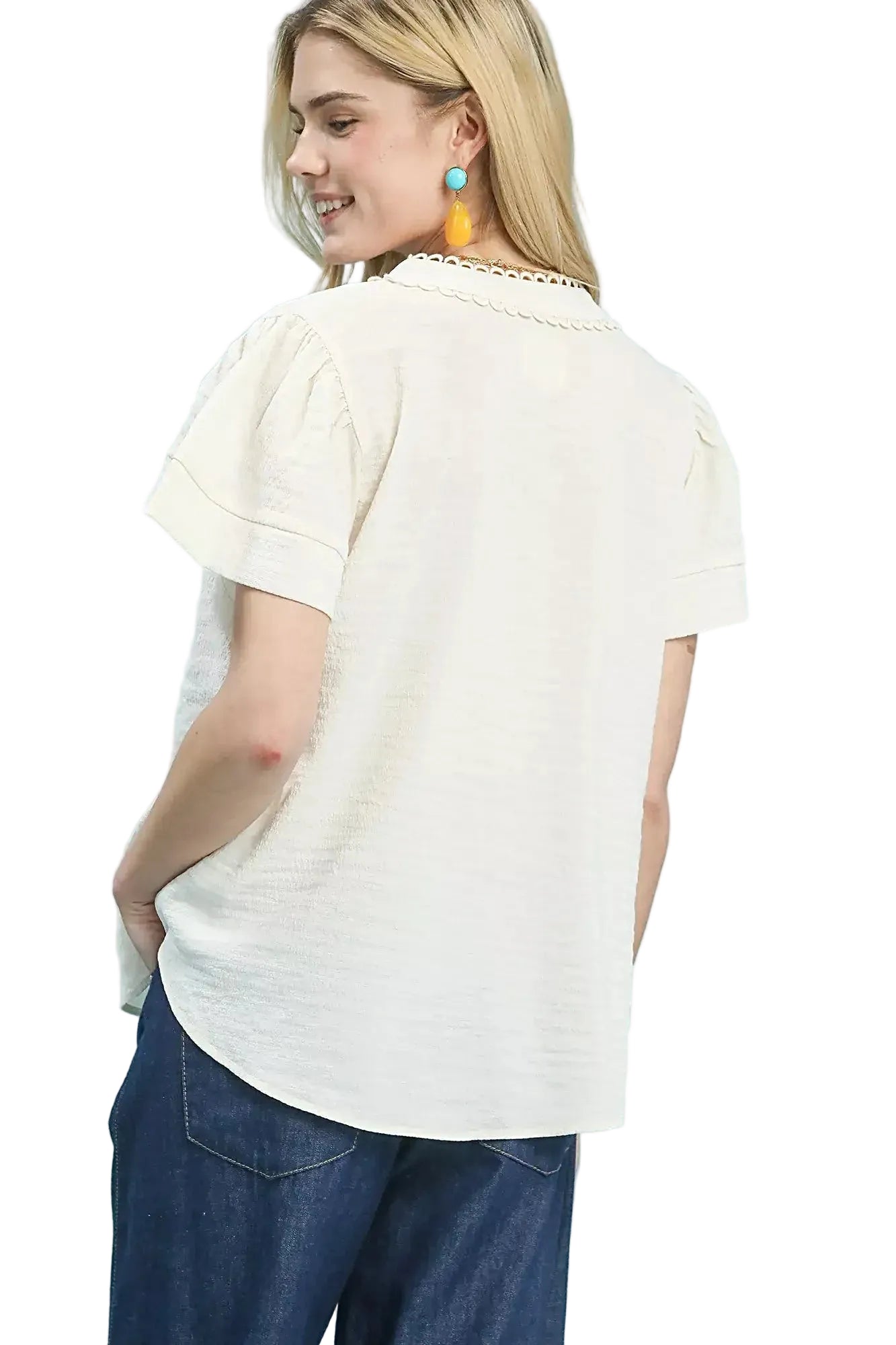 Umgee Seersucker Short Sleeve Top with Lace Trim -