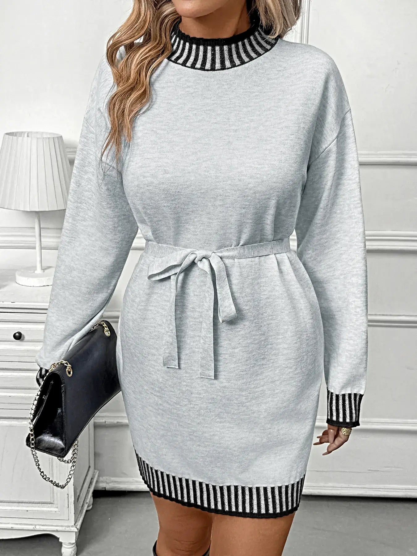 Striped Trim Tie Waist Sweater Dress -