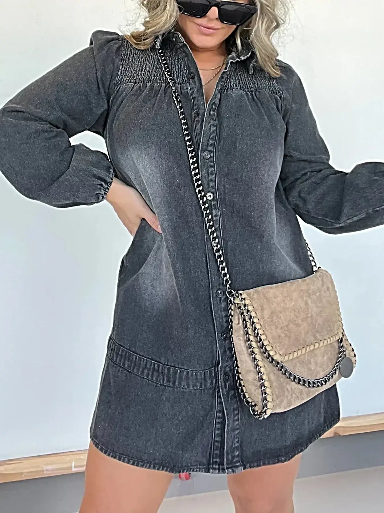 Elegant Plus Size Long Sleeve Denim Dress with Button Front and Smocked Detail -