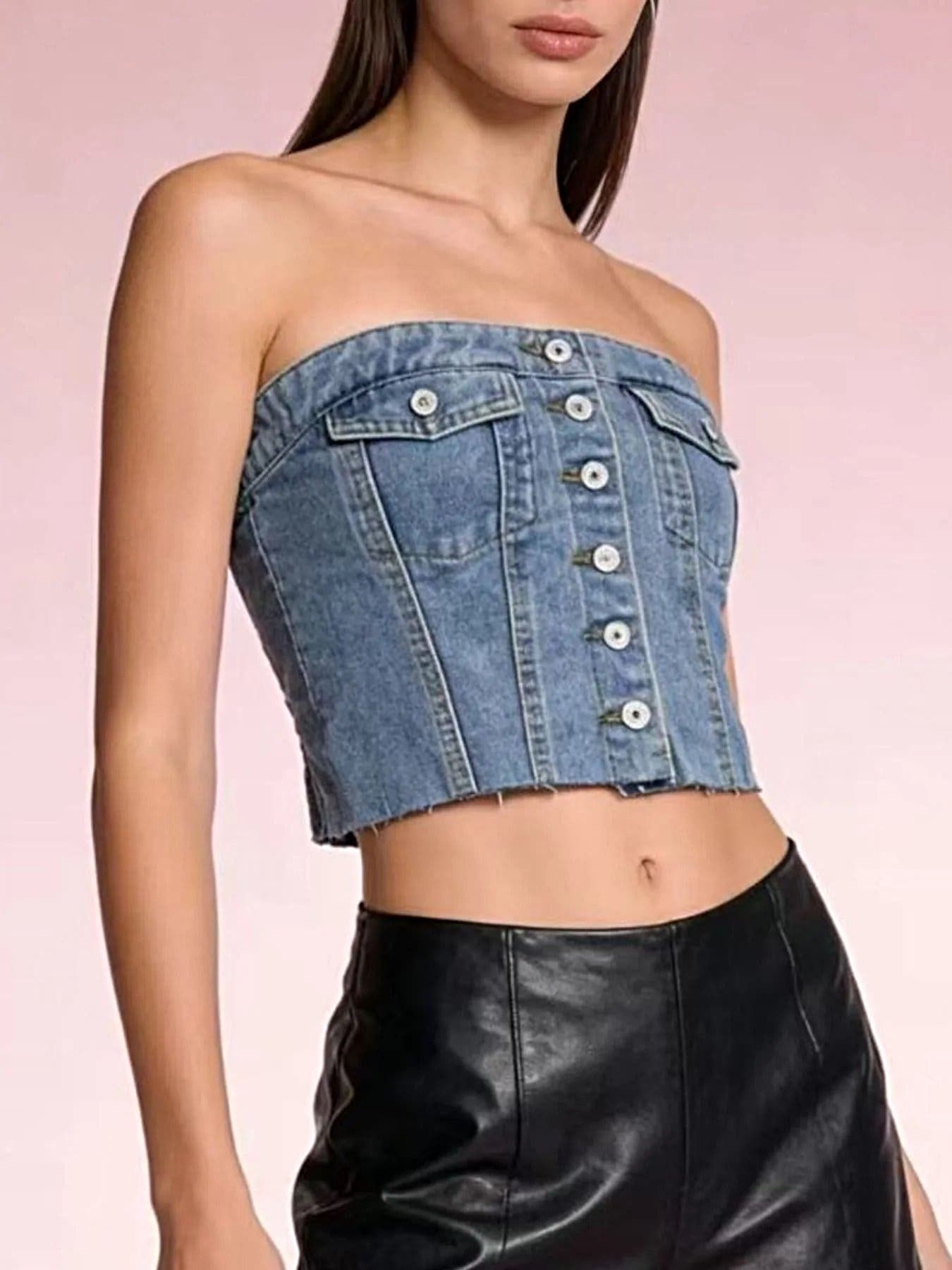 Button-Front Strapless Denim Top -