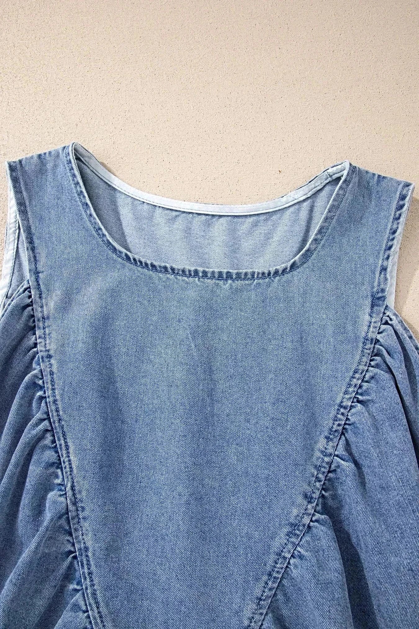 Denim Pleated Patchwork Sleeveless Top -