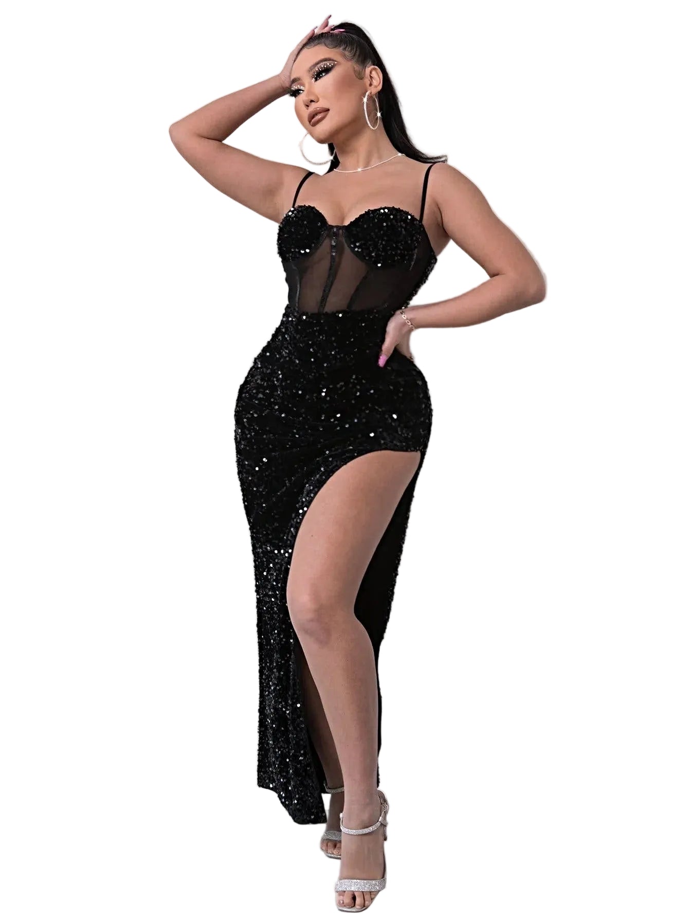 Elegant Maxi Sequin Dress with Spliced Mesh & Adjustable Spaghetti Straps for Chic Style Trendsi