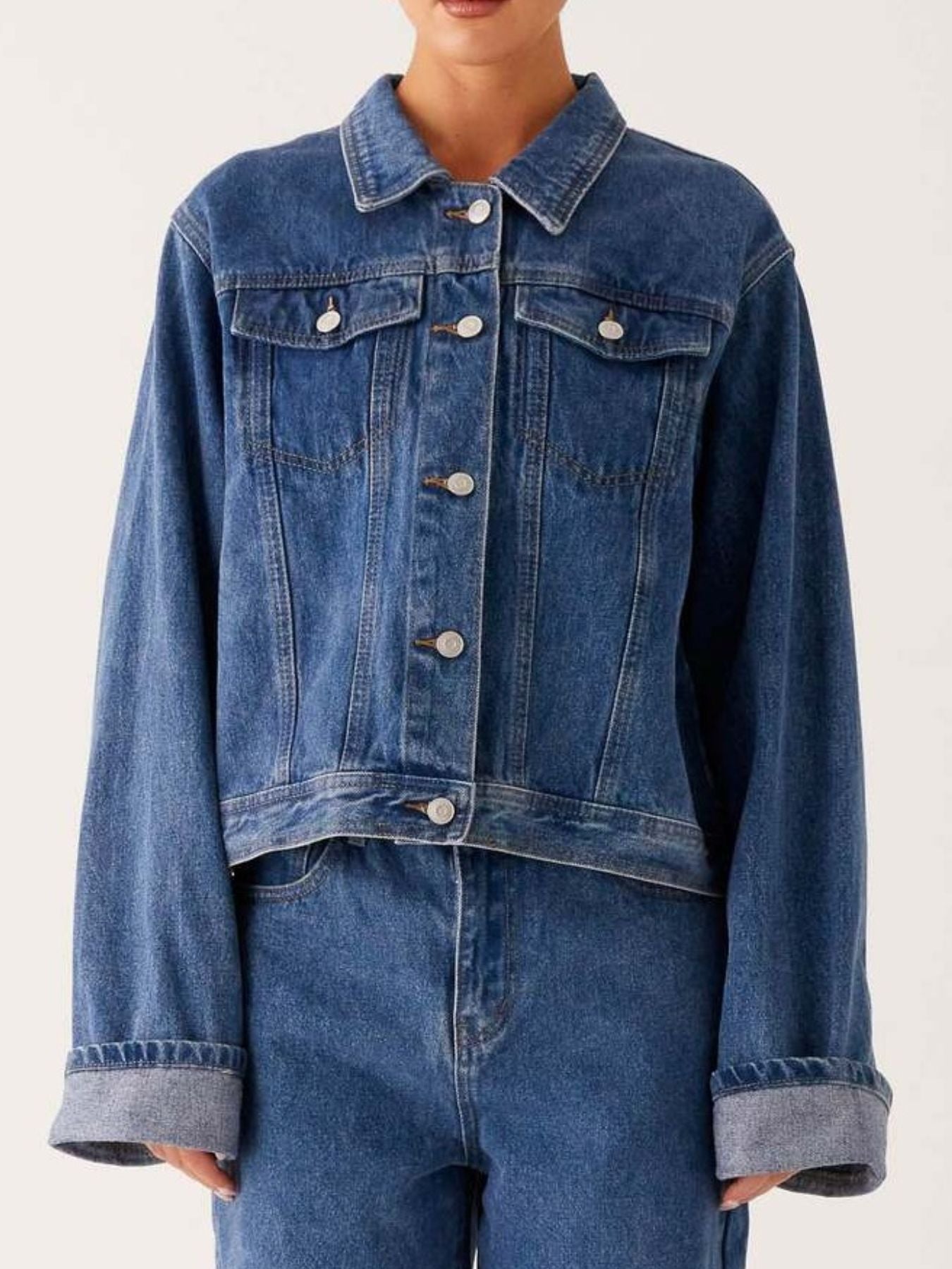Button Down Cropped Oversized Denim Jacket -