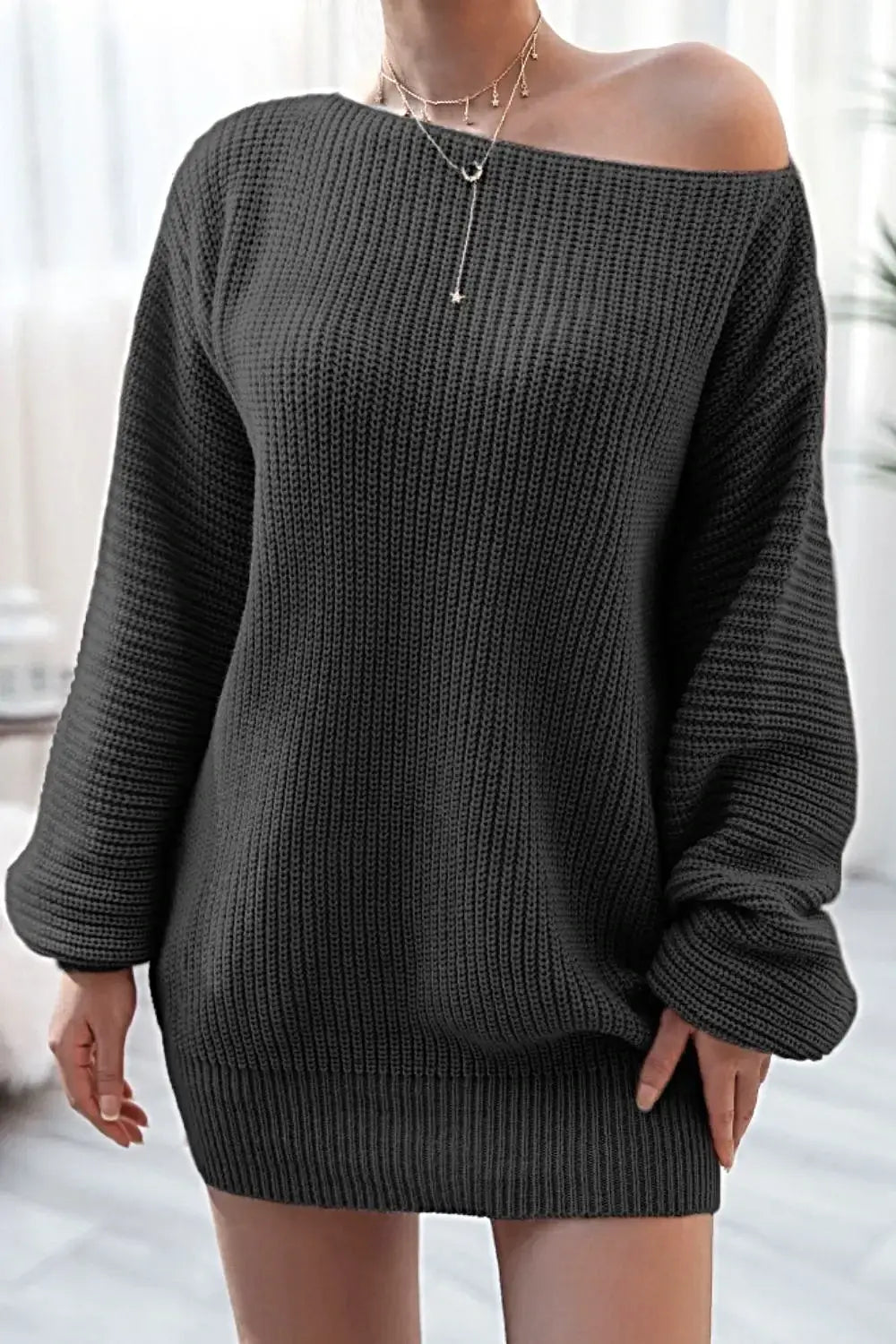 Boat Neck Long Sleeve Mini Sweater Dress -