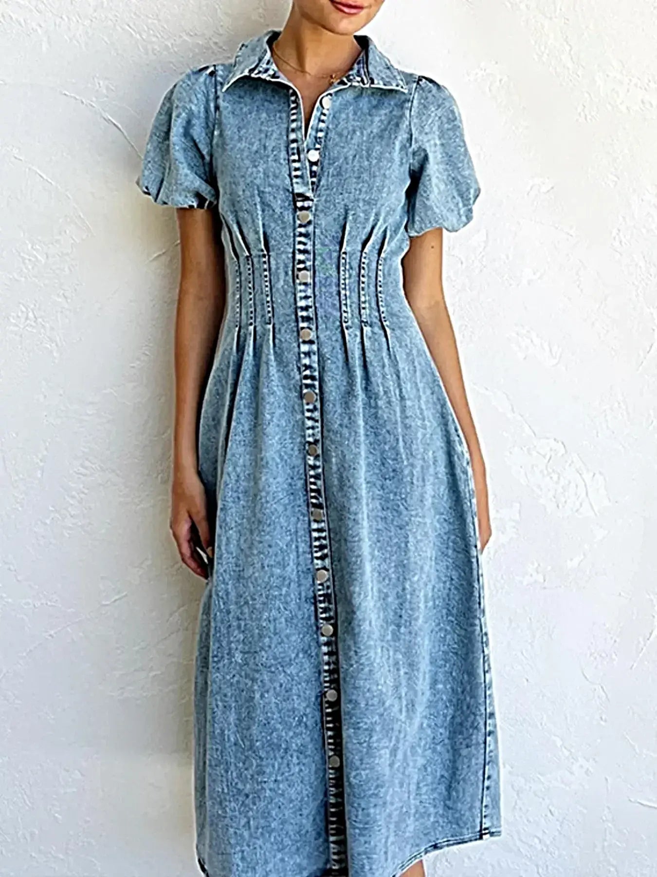 Puff Sleeve Button Front Denim Midi Dress -