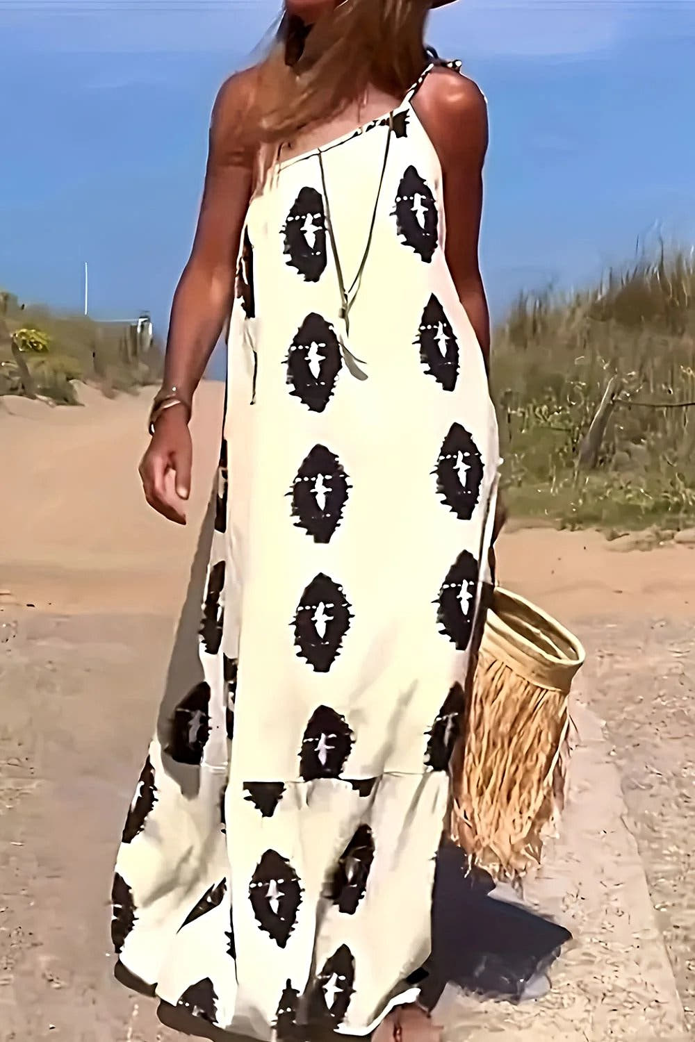 Chic Printed Maxi Dress With Single Shoulder Design - Elegant Opaque Style by Trendsi Trendsi